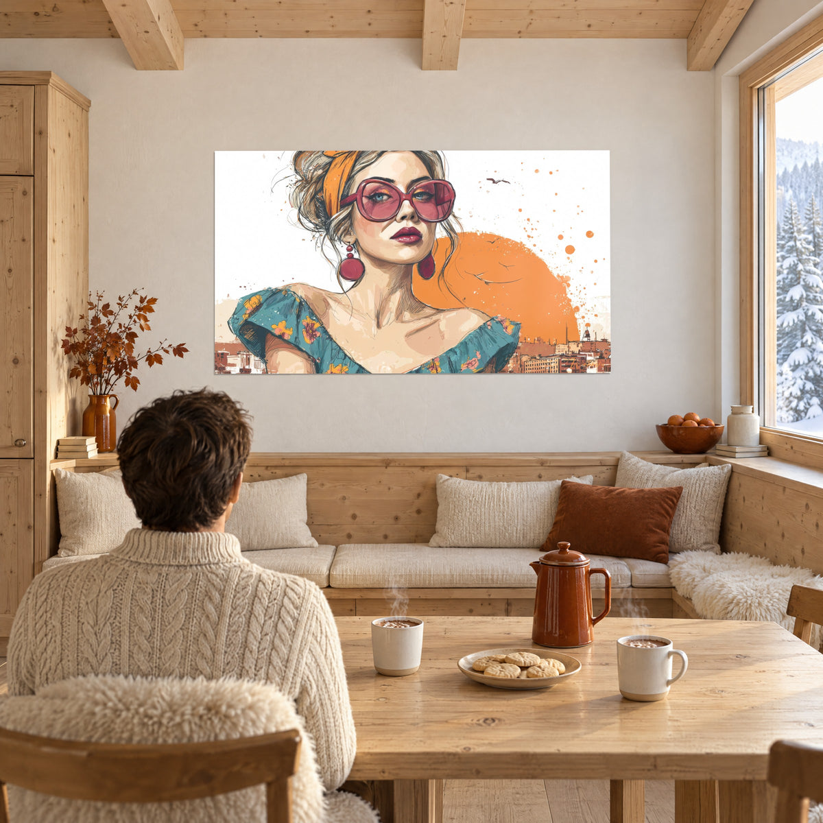 Cuadro elegante con moño suelto y labios burdeos, hombros desnudos, vestido azul pato con flores amarillas, pared de comedor estilo chalet