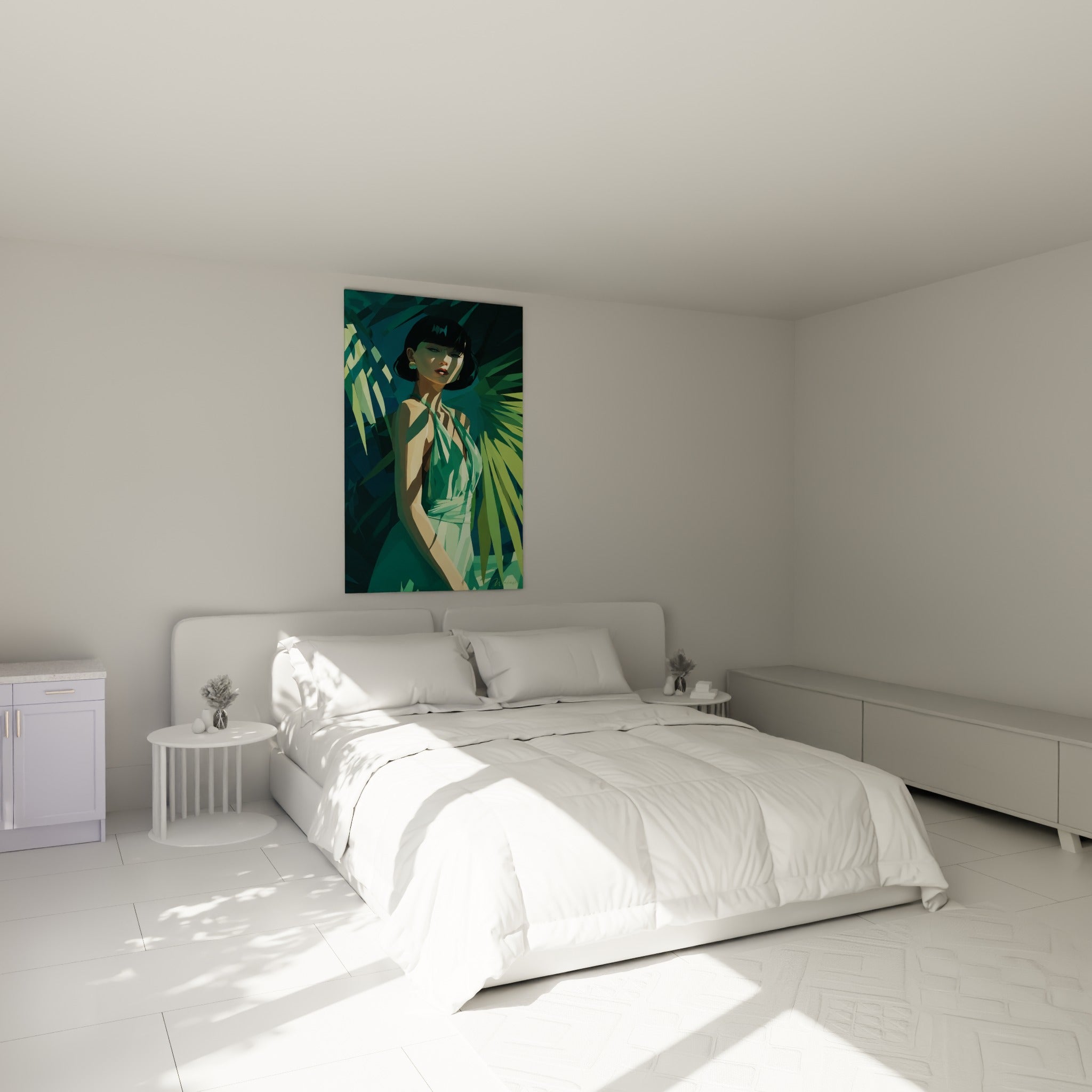 Silhouette féminine drapée de vert émeraude et de bleu anthracite, au-dessus d'un lit dans une chambre claire