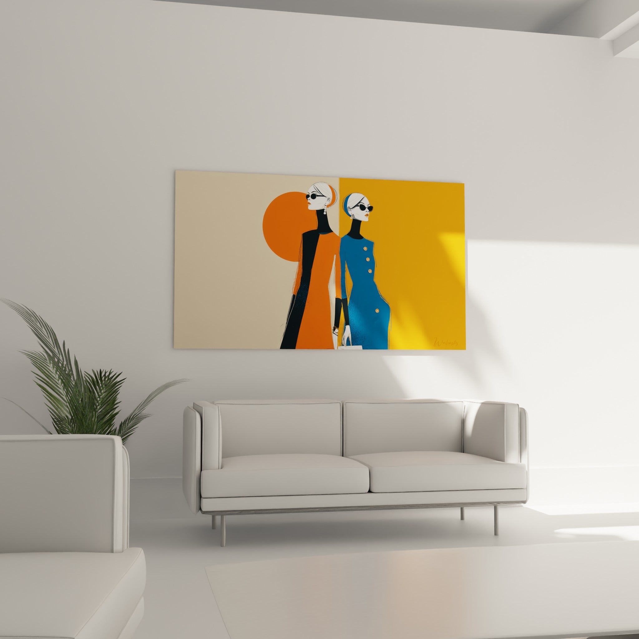 Femmes de profil en tenues orange et bleu marine, au-dessus d'un canapé dans un salon lumineux