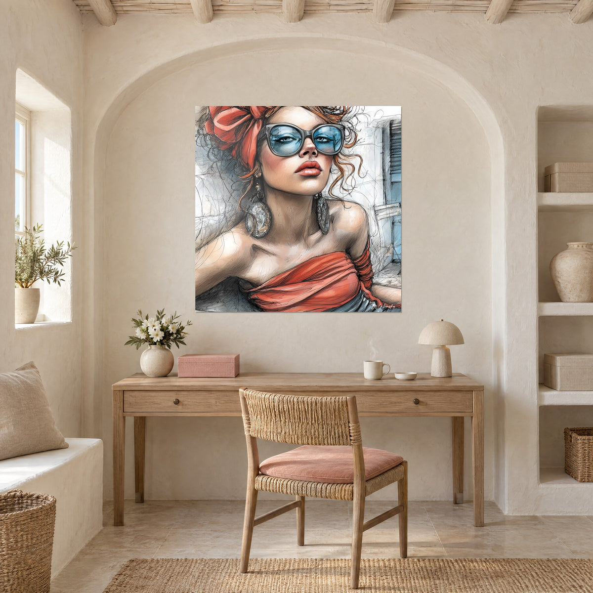 Cuadro silueta femenina de rizos cobrizos, labios coral y gafas azur, en la pared de un despacho en hornacina abovedada