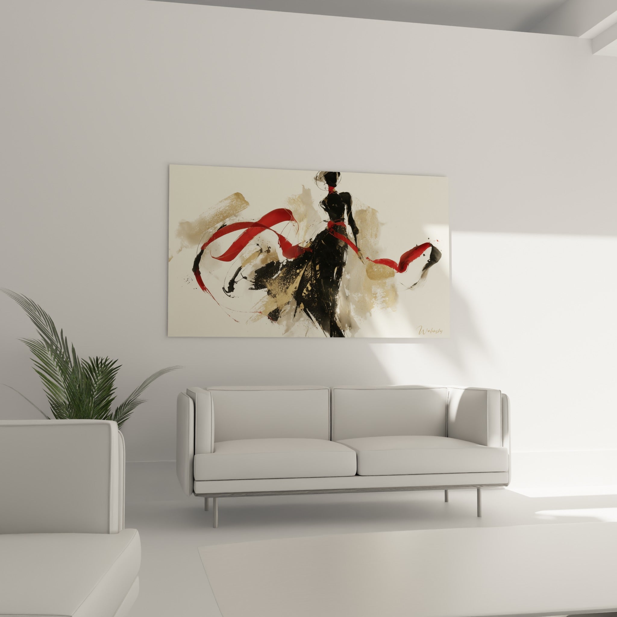 Femme esquissée en noir avec ruban rouge ondulant, suspendue au-dessus d'un canapé dans un salon lumineux