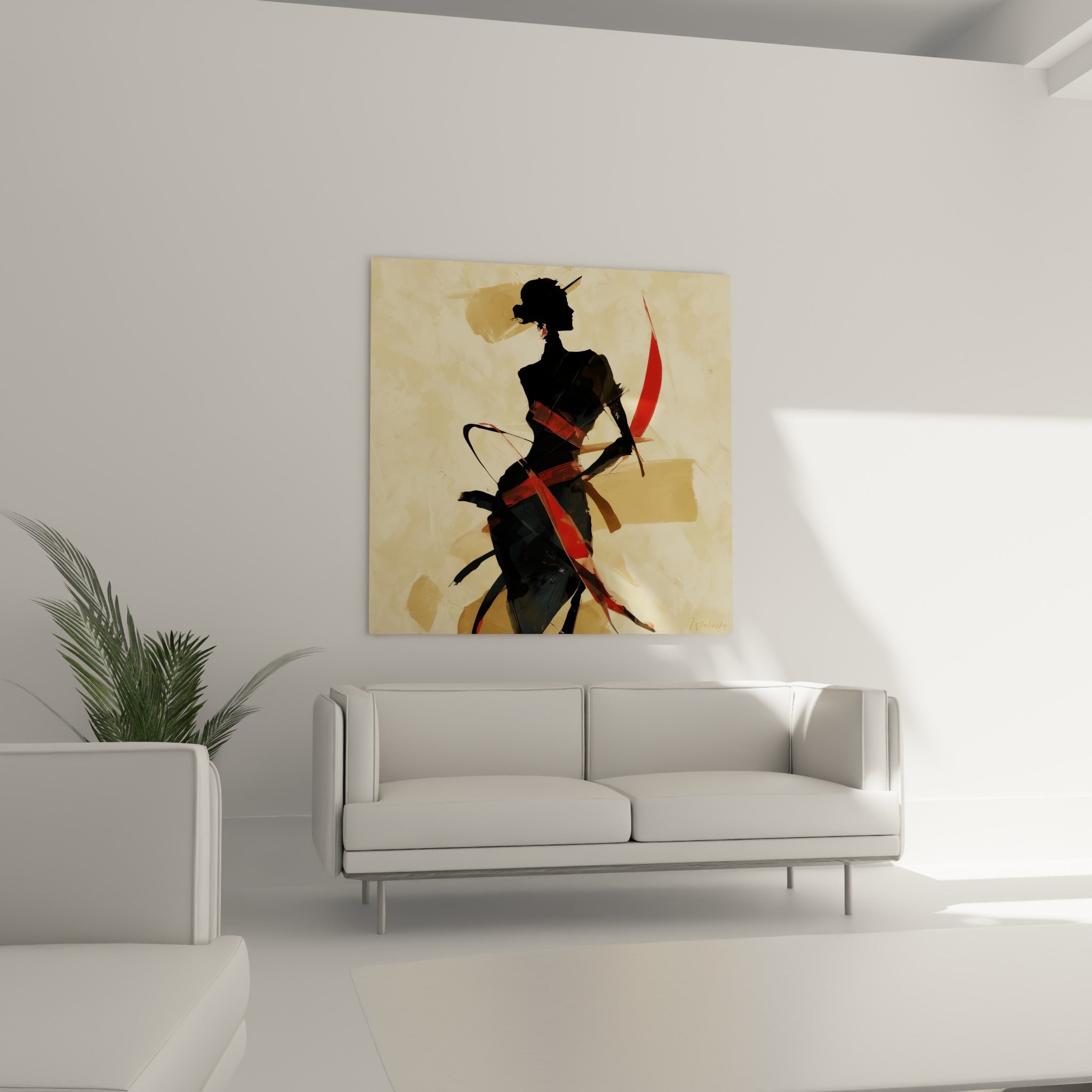 Femme voilée en noir et rouge ornant le mur au-dessus d'un canapé dans un salon lumineux