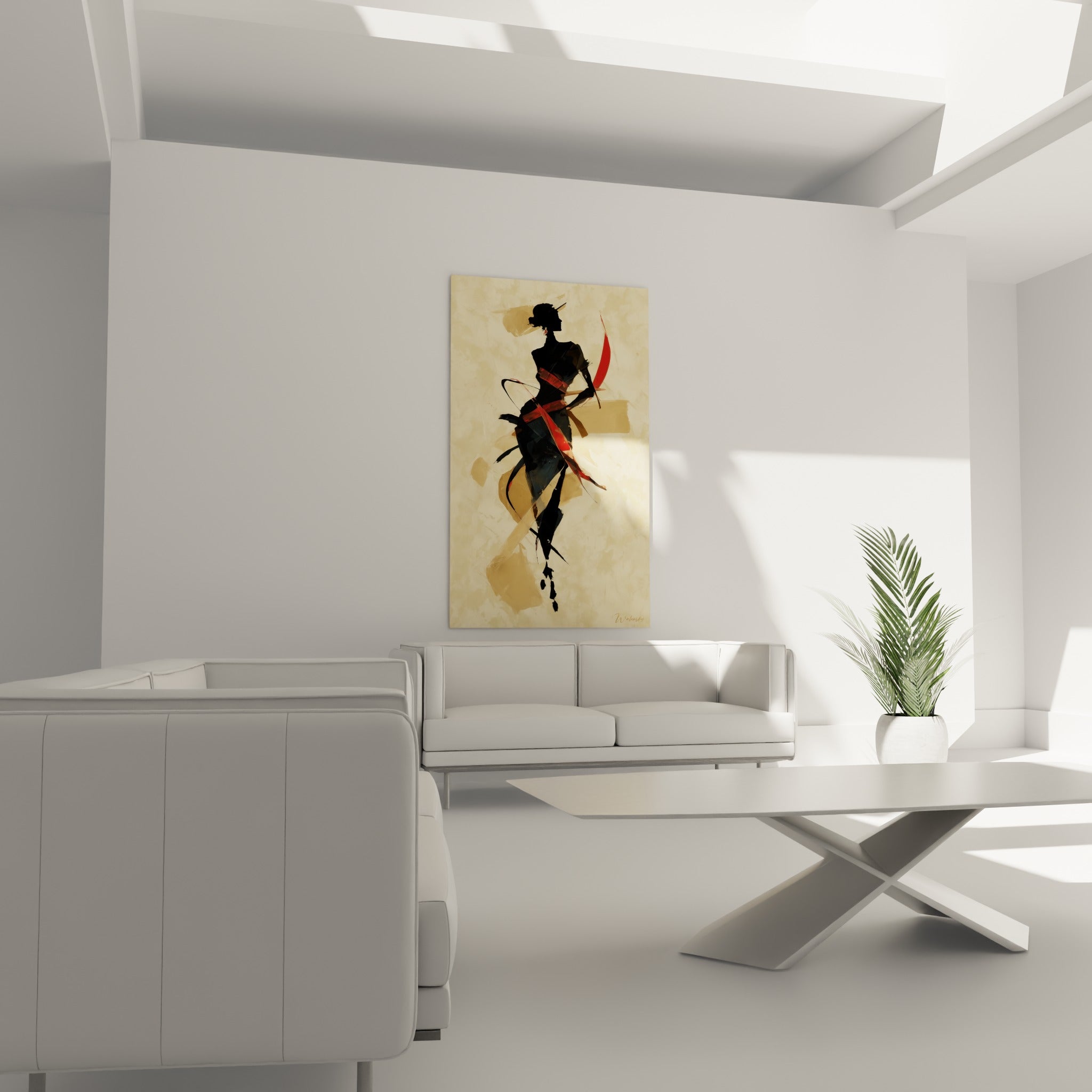 Silhouette graphique noire et rouge vif disposée au-dessus d'un canapé dans un salon lumineux