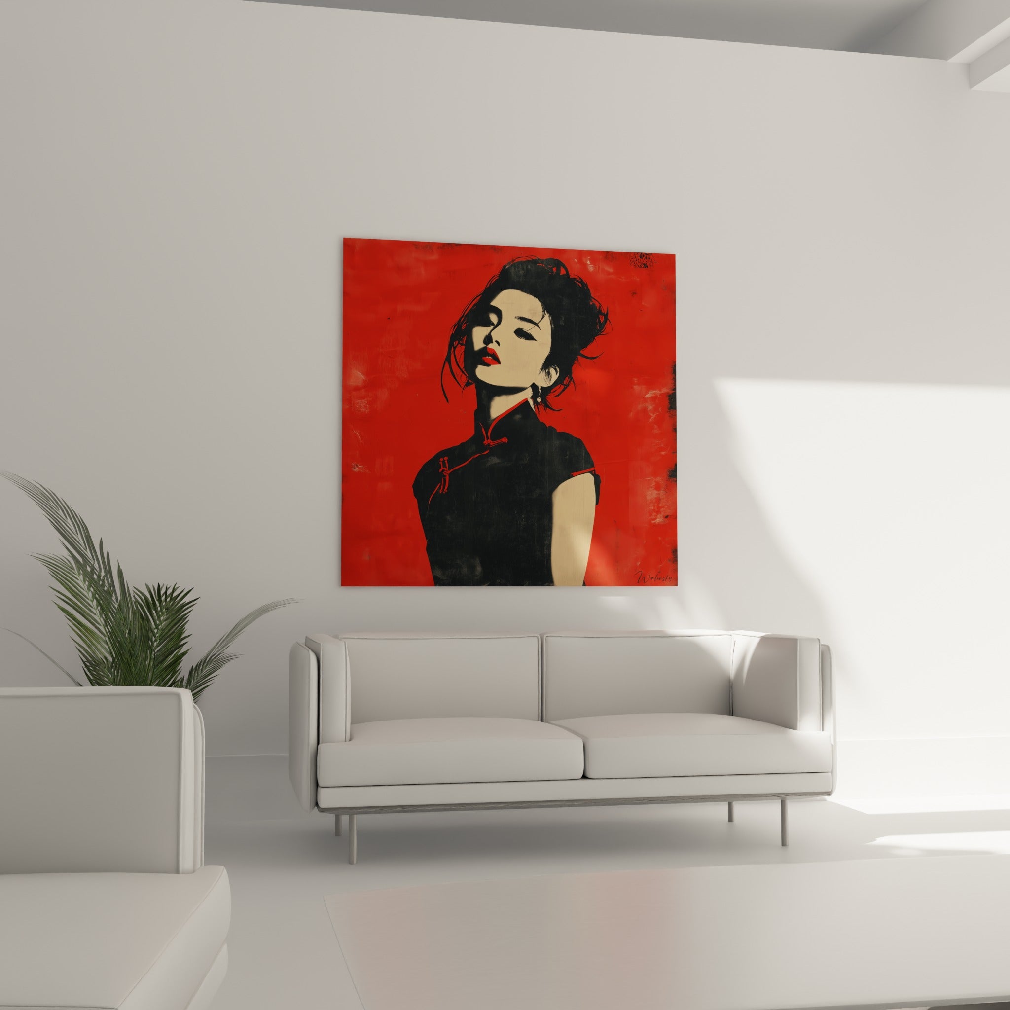 Portrait stylisé en noir et rouge d'une femme asiatique, pose altière, au-dessus d'un canapé dans un salon lumineux