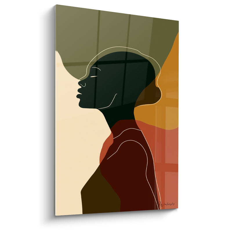 Tableau Silhouette de profil vert olive et ocre - Lignes blanches contour visage - Edition Illustration de mode
