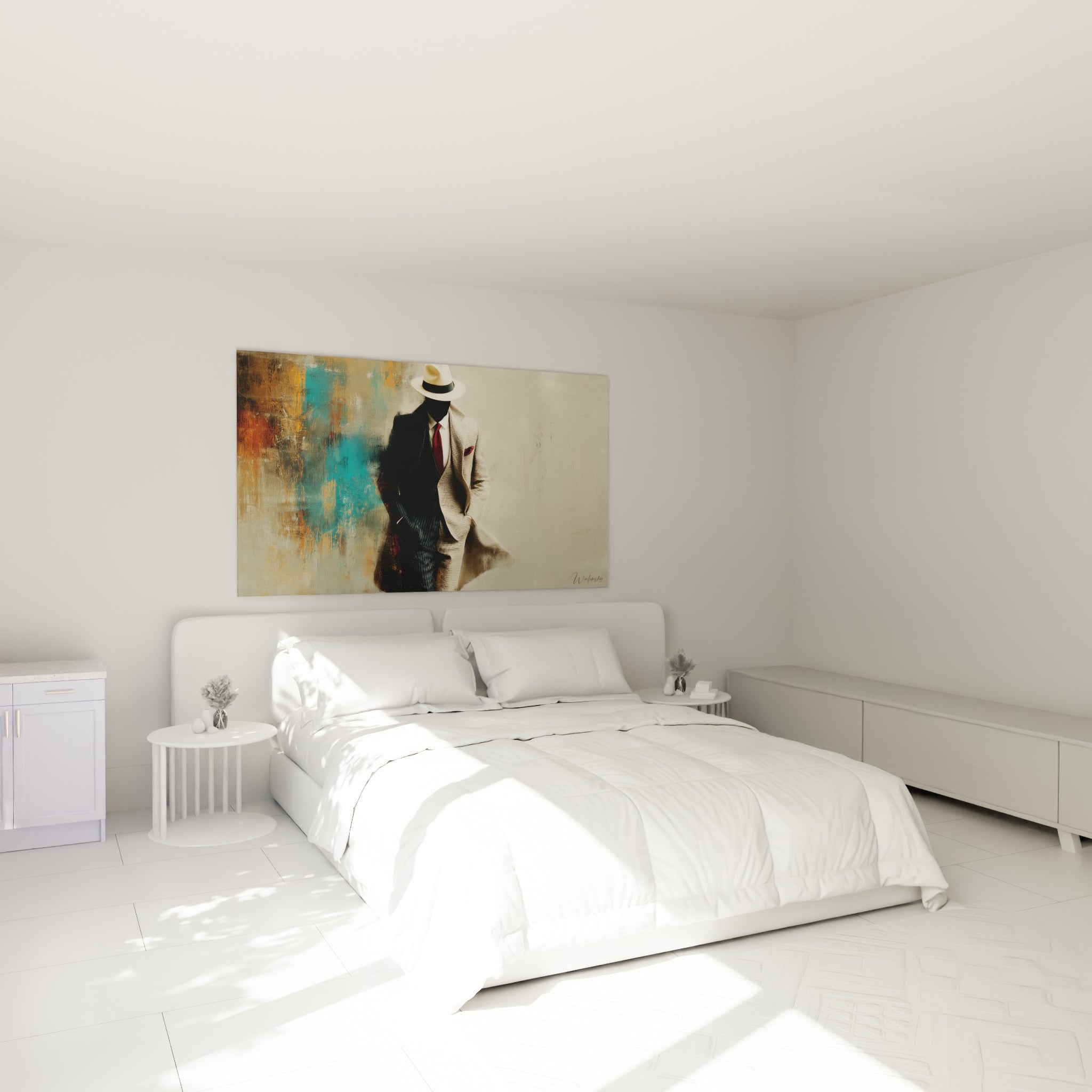 Homme élégant au manteau beige et ombre anthracite, accroché au-dessus d'un lit dans une chambre claire