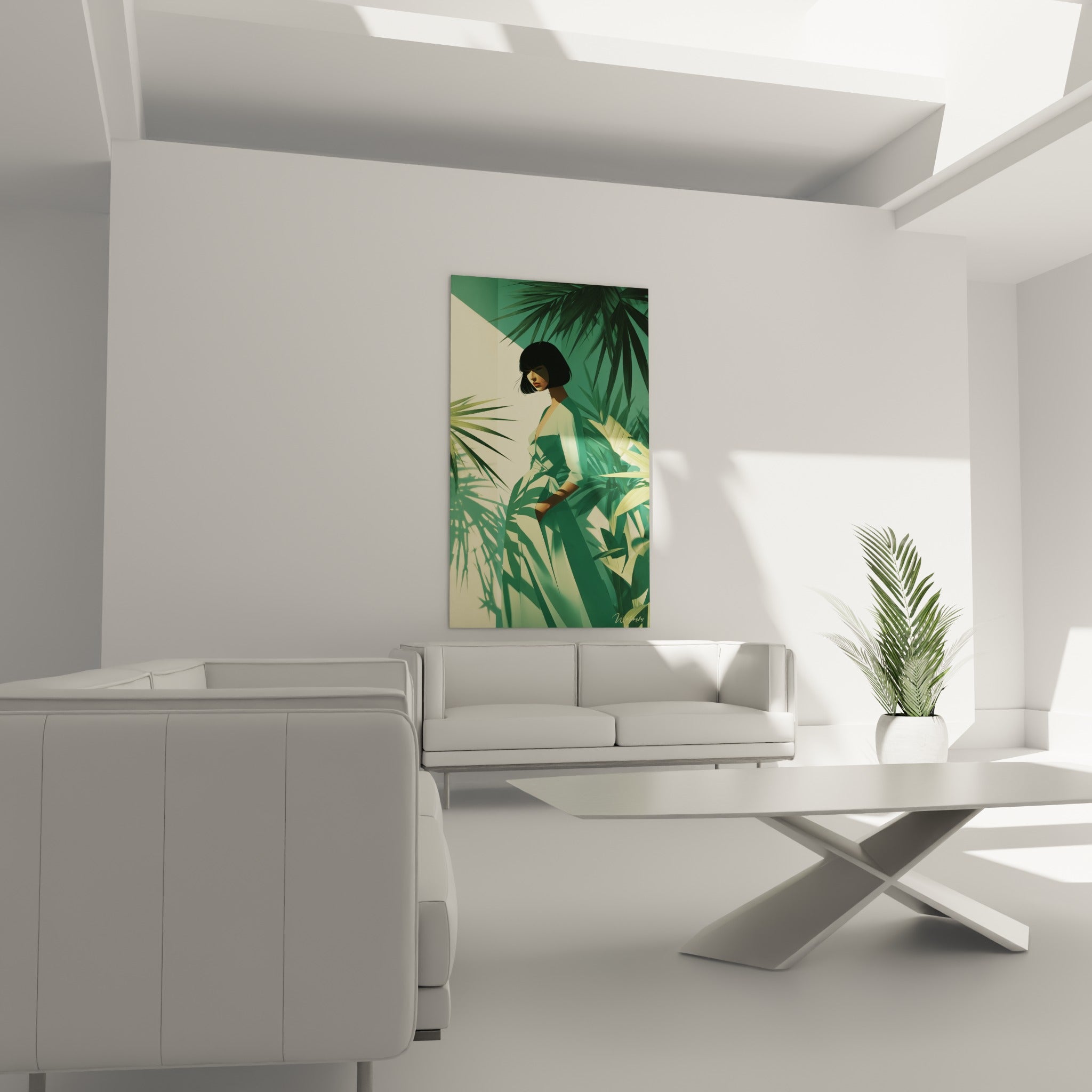 Femme pensive en tenue verte sous des feuillages ivoire, illustration de mode au-dessus d'un canapé dans un salon lumineux