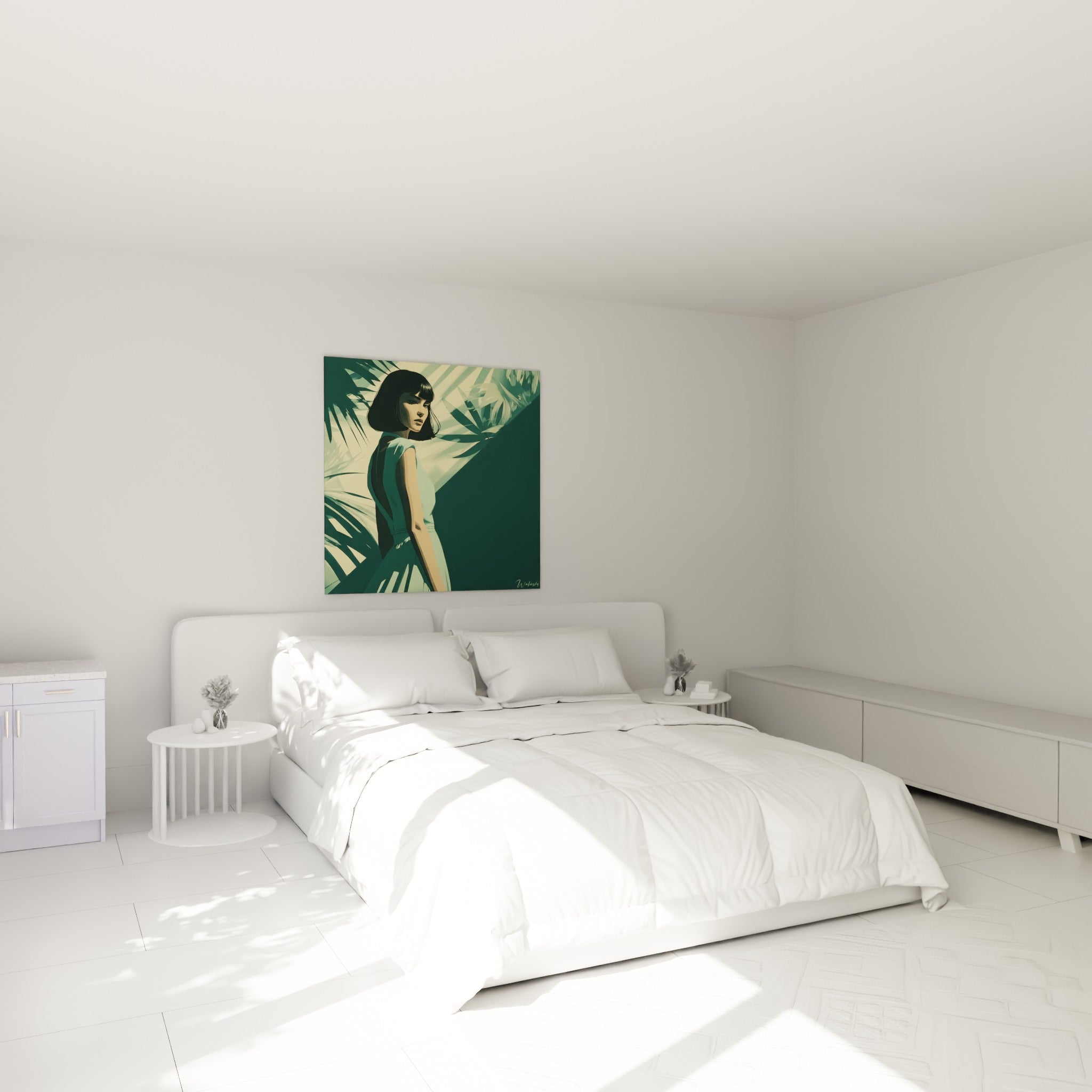 Silhouette élégante en vert sauge parmi les palmes, accrochée au-dessus d'un lit dans une chambre claire.