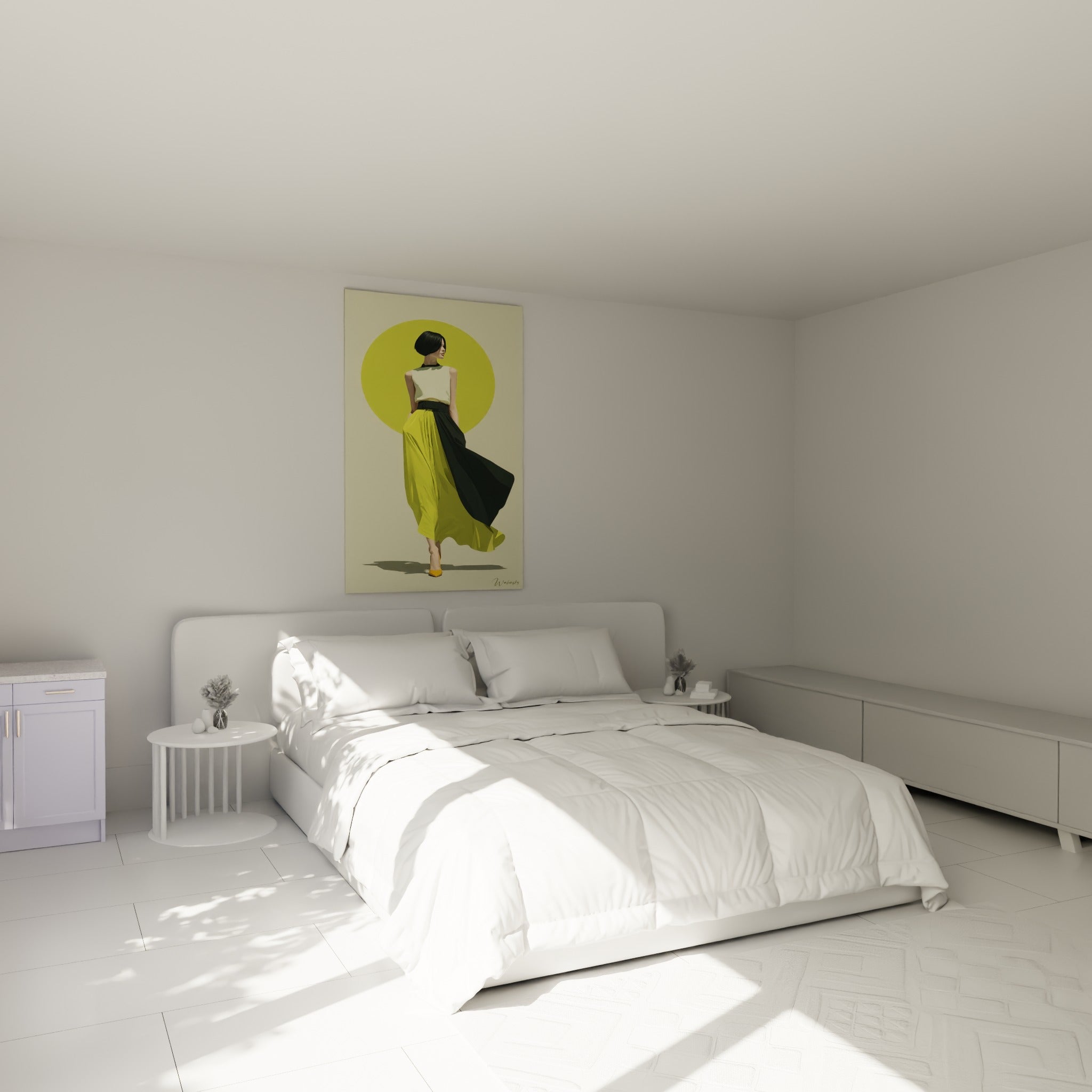 Femme de dos en jupe fendue jaune et noire, illustration de mode au-dessus d'un lit dans une chambre claire