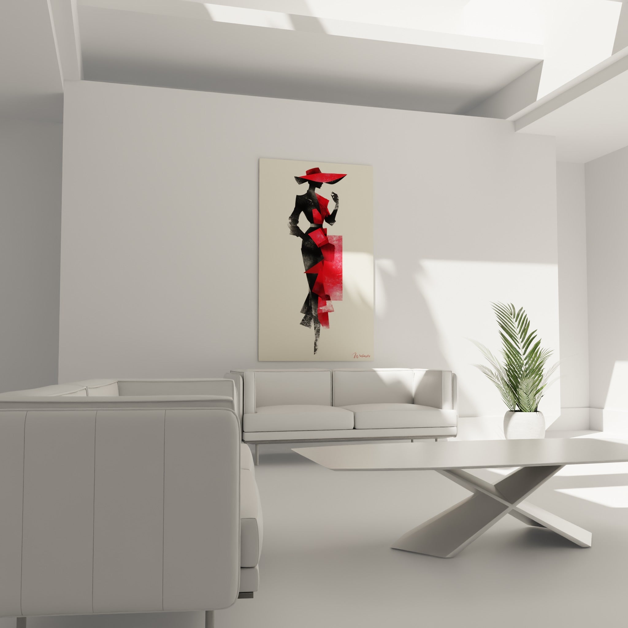Silhouette cubiste rouge et noire, chapeau large et robe fendue, au-dessus d'un canapé dans un salon lumineux