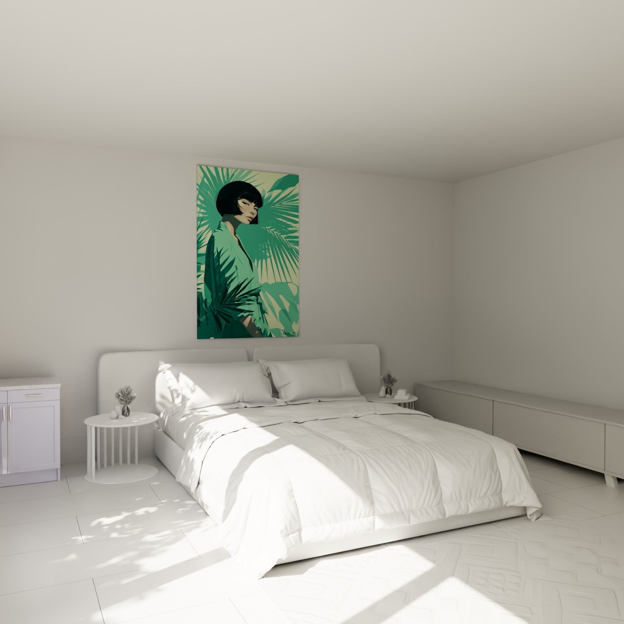 Femme au carré noir vêtue de vert menthe, illustration de mode au-dessus d'un lit dans une chambre claire
