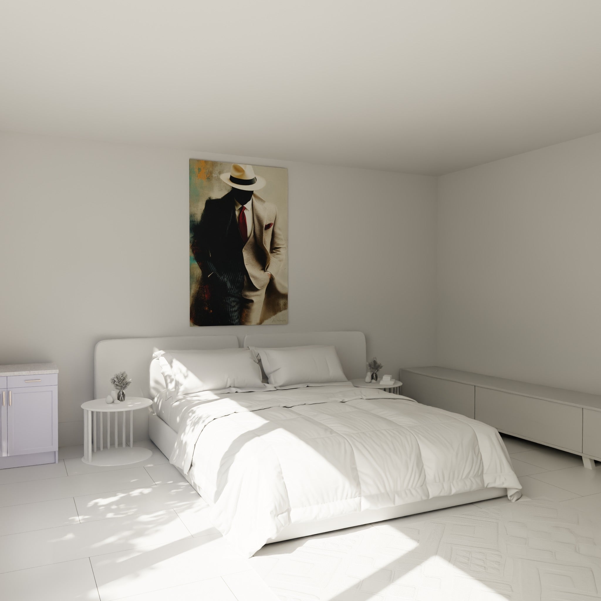 Personnage en costume beige et bleu marine avec chapeau, accroché au-dessus d'un lit dans une chambre claire