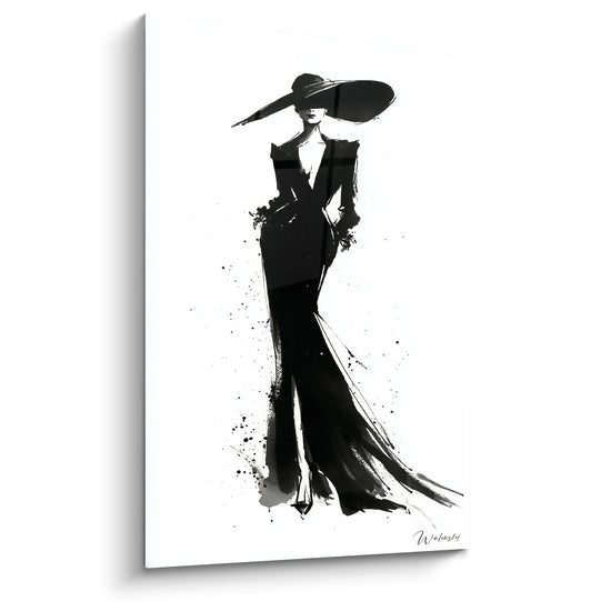 Silhouette féminine noire au large chapeau, encre expressive sur fond blanc éclatant