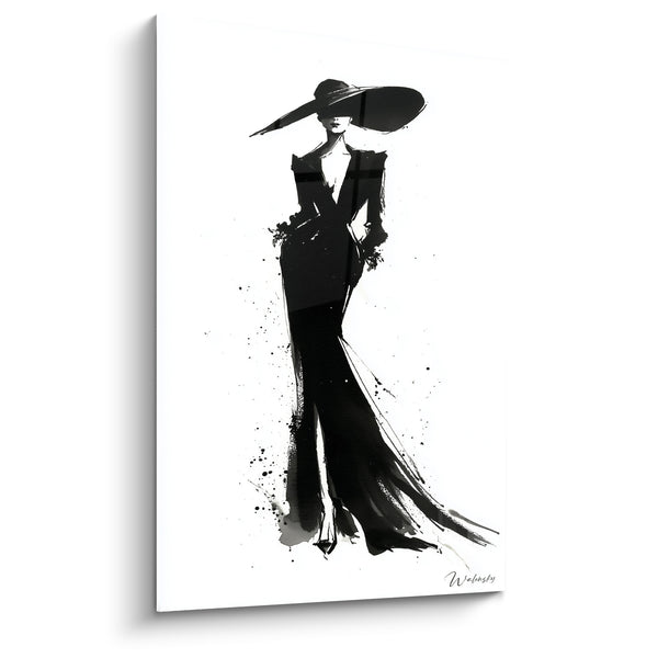 Black and White Ink Silhouette Artwork with Splatter Trail - Wide-brimmed Hat - Fashion Illustration Edition