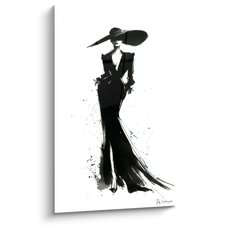 Tableau Silhouette encre noire et blanche à traînée éclaboussée - Chapeau à large bord - Edition Illustration de mode