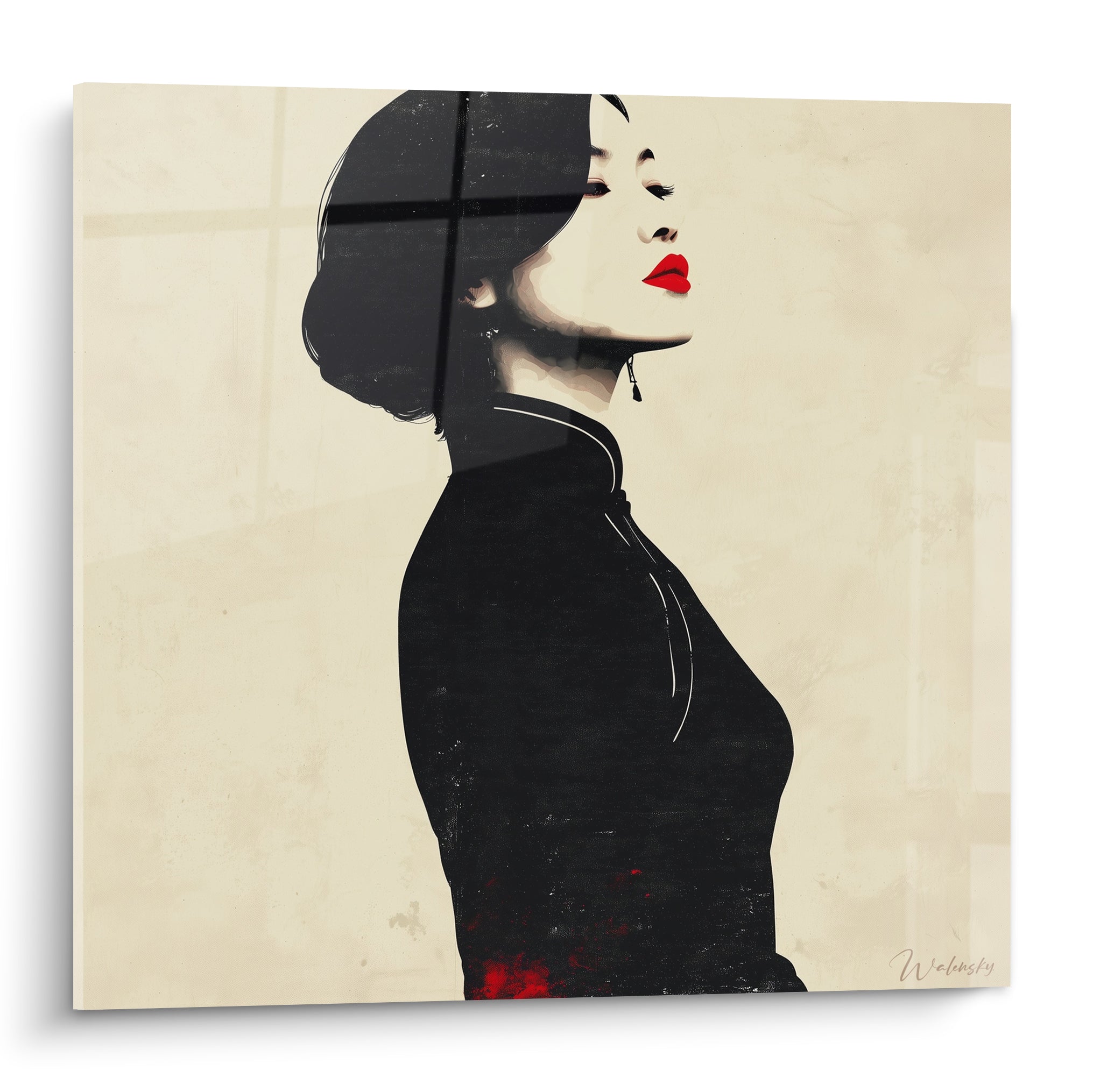 Profil de femme aux lèvres rouge écarlate et robe noire, style illustration de mode graphique
