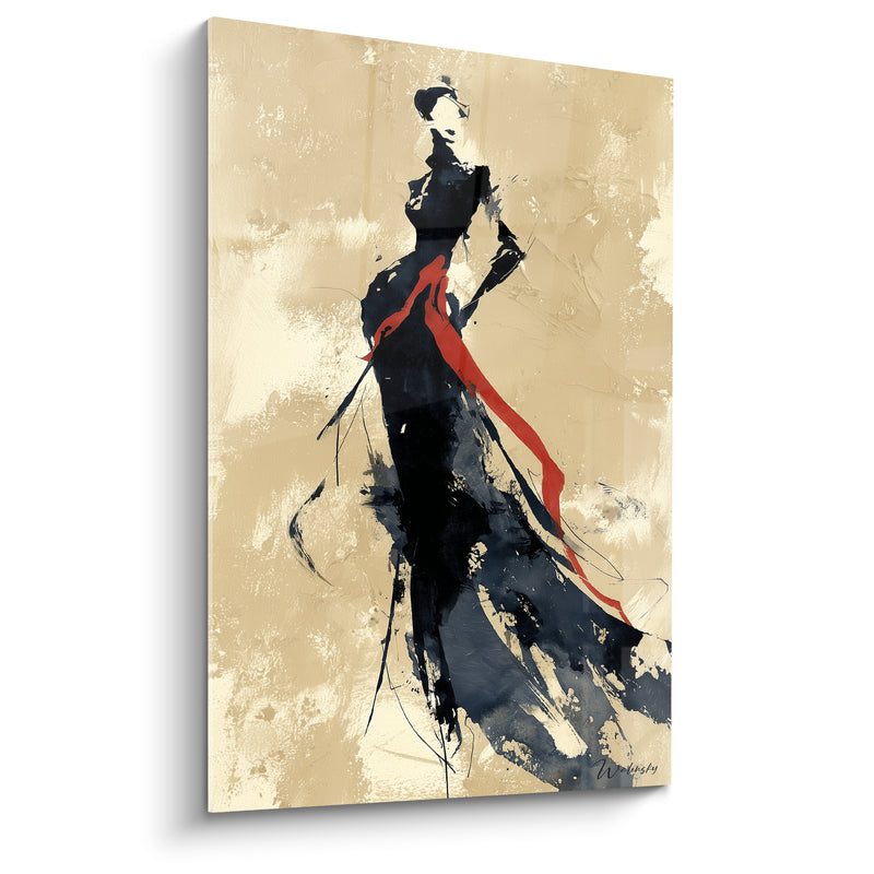 Tableau Silhouette élégante robe noire écharpe rouge - Allure fatale - Edition Illustration de mode