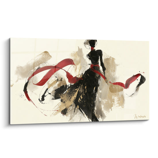Silhouette élégante en robe noire fluide, ruban rouge virevoltant, touches dorées sur fond ivoire