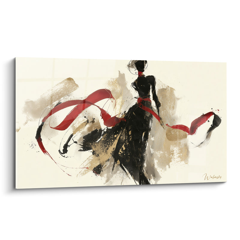 Tableau Silhouette élégante noire et rouge, ruban virevoltant - Tourbillon d'élégance - Edition Illustration de mode