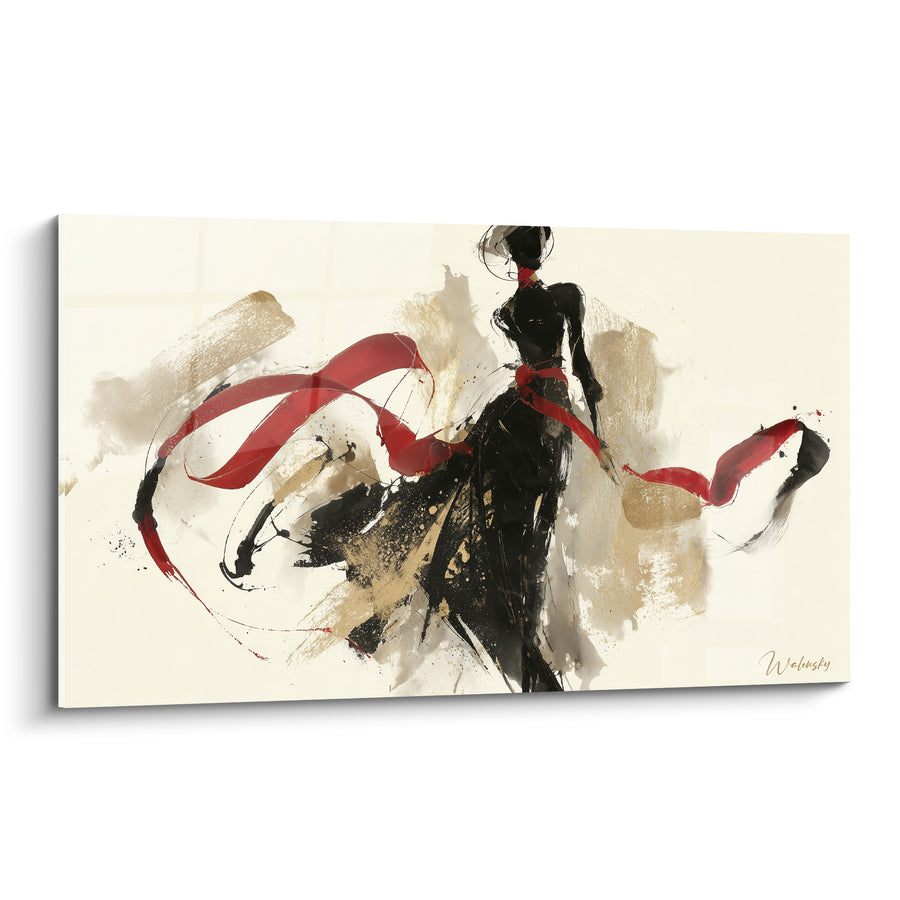 Tableau Silhouette élégante noire et rouge, ruban virevoltant - Tourbillon d'élégance - Edition Illustration de mode