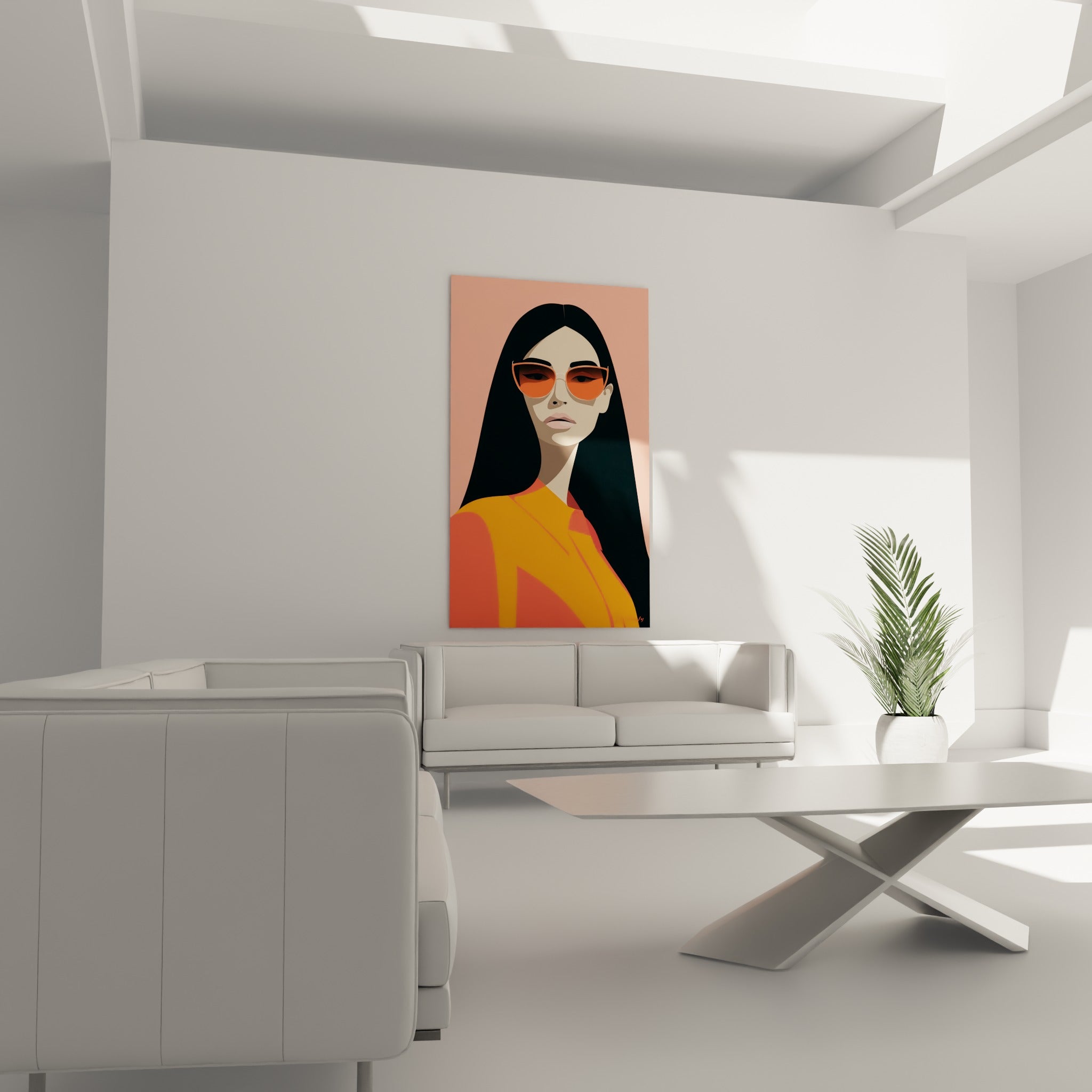 Silhouette féminine en veste orange et noire, illustration de mode au-dessus d'un canapé dans un salon lumineux