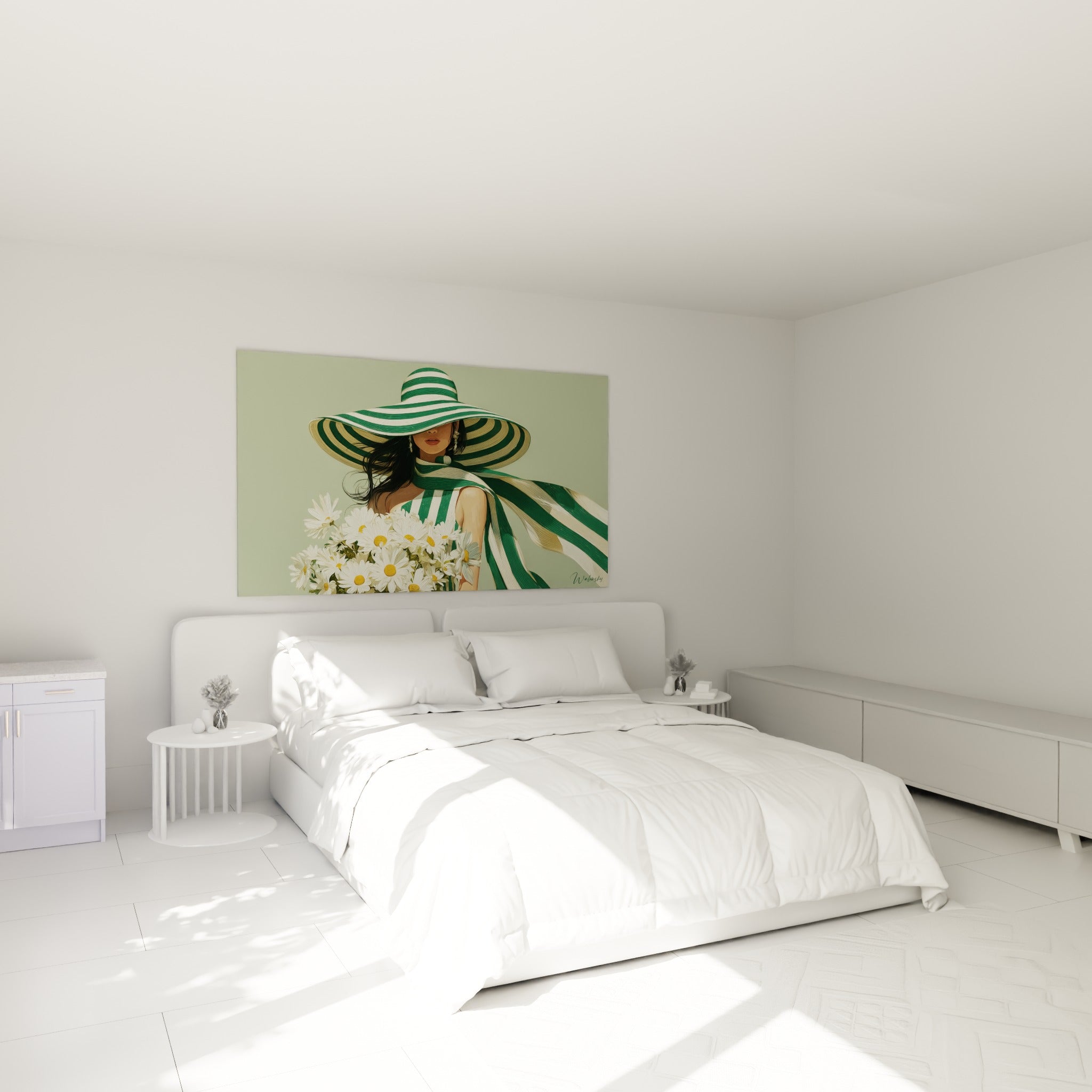 Silhouette élégante en rayures vertes et blanches avec marguerites, accrochée au-dessus d'un lit dans une chambre claire