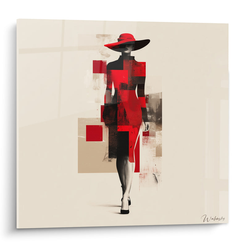 Tableau Silhouette élégante rouge et beige à chapeau - Pas assuré - Edition Illustration de mode