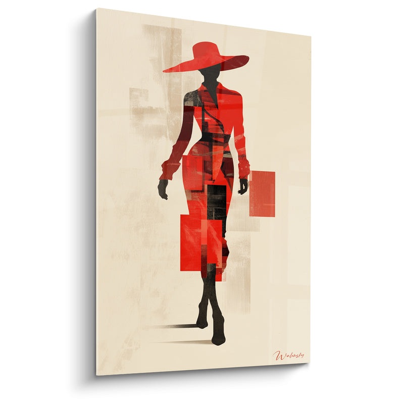 Tableau Chapeau rouge et noir à carrés superposés - Silhouette en marche - Edition Illustration de mode