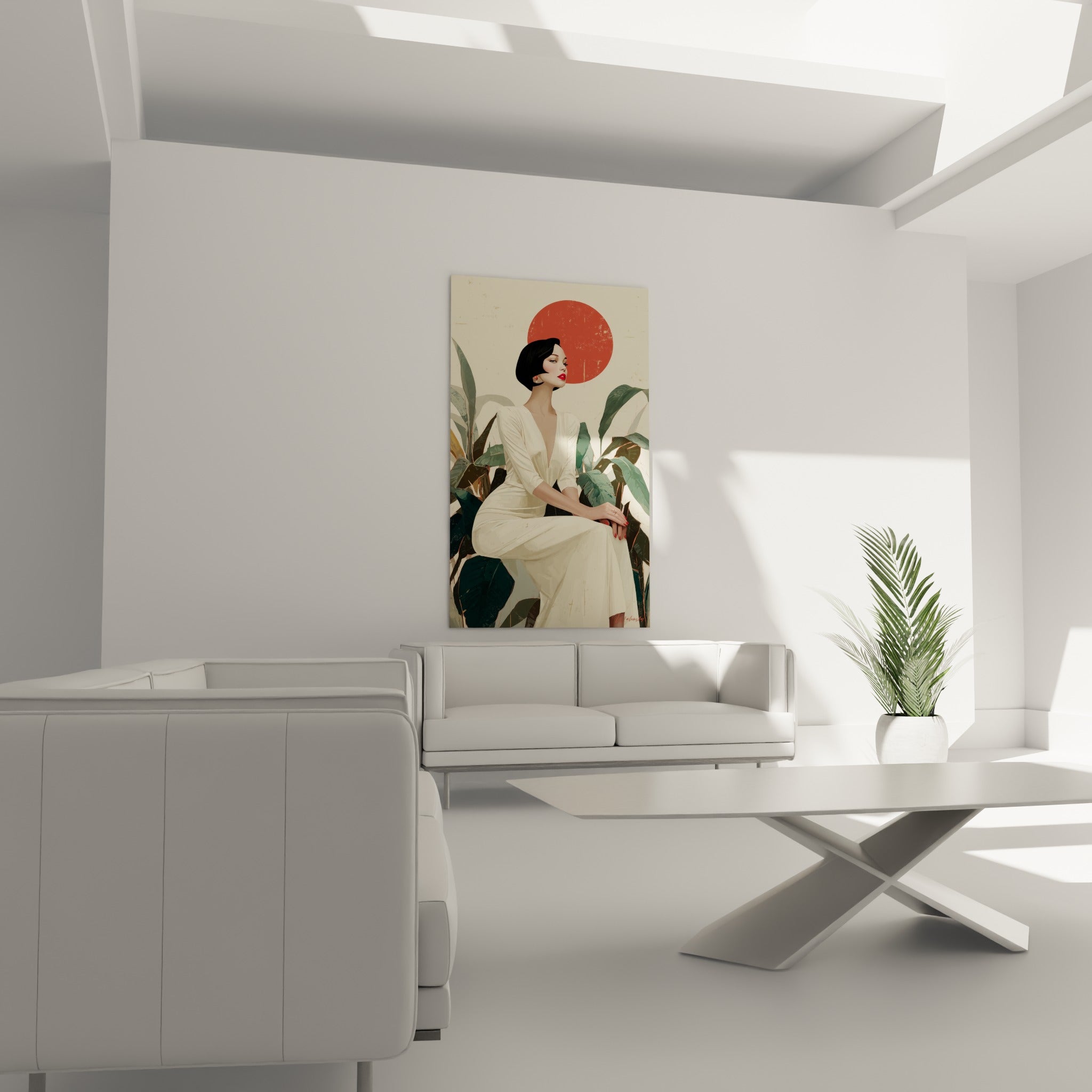 Portrait stylisé aux tons corail et vert sauge au-dessus d'un canapé dans un salon lumineux