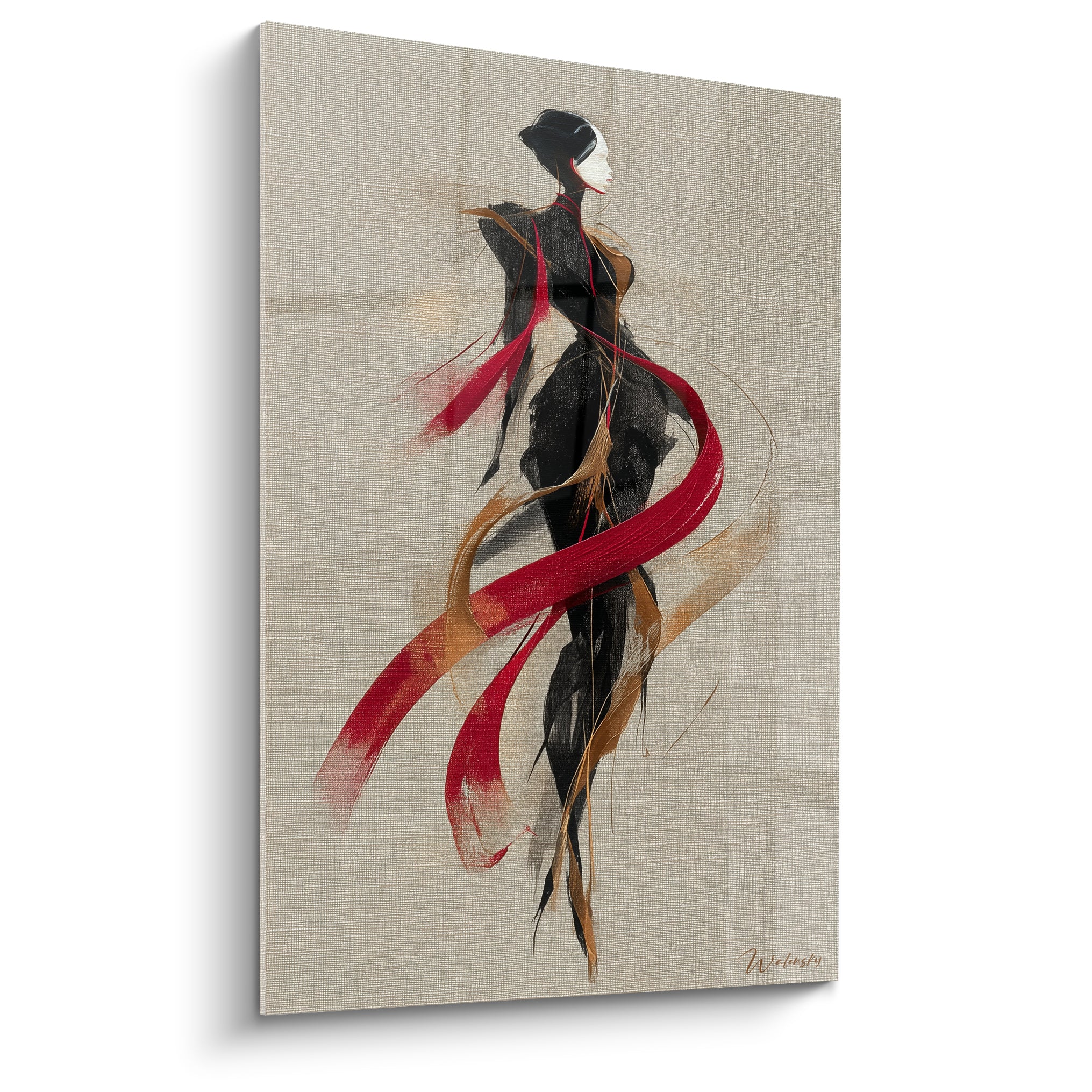 Silhouette noire et rouge en illustration de mode, ruban carmin sur fond lin beige texturé