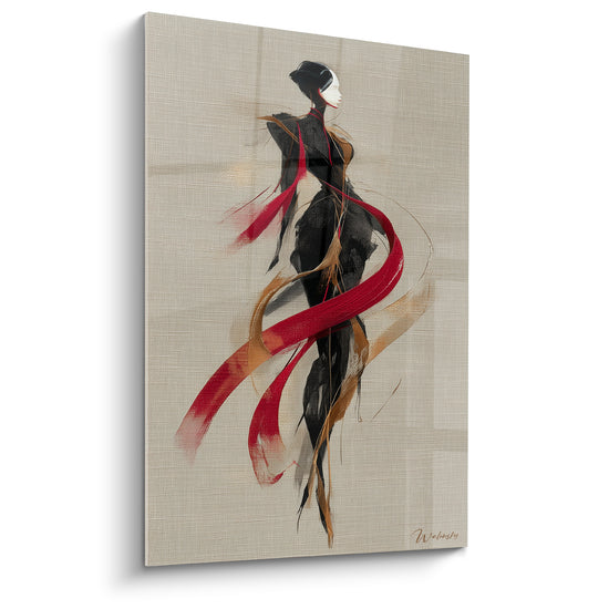 Tableau Silhouette élégante en robe noire et rouge - Envol de soie - Edition Illustration de mode