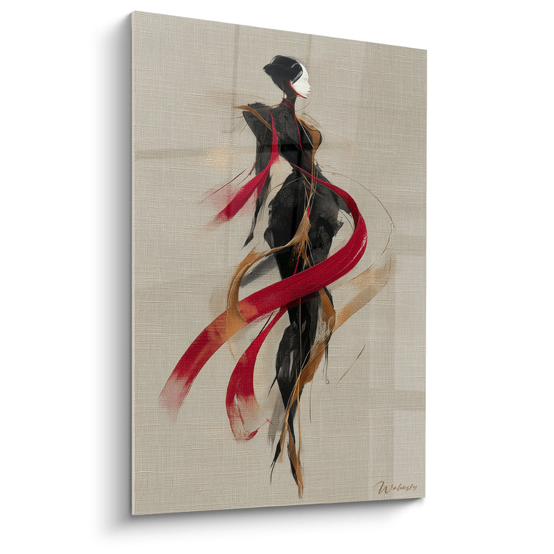 Tableau Silhouette élégante en robe noire et rouge - Envol de soie - Edition Illustration de mode