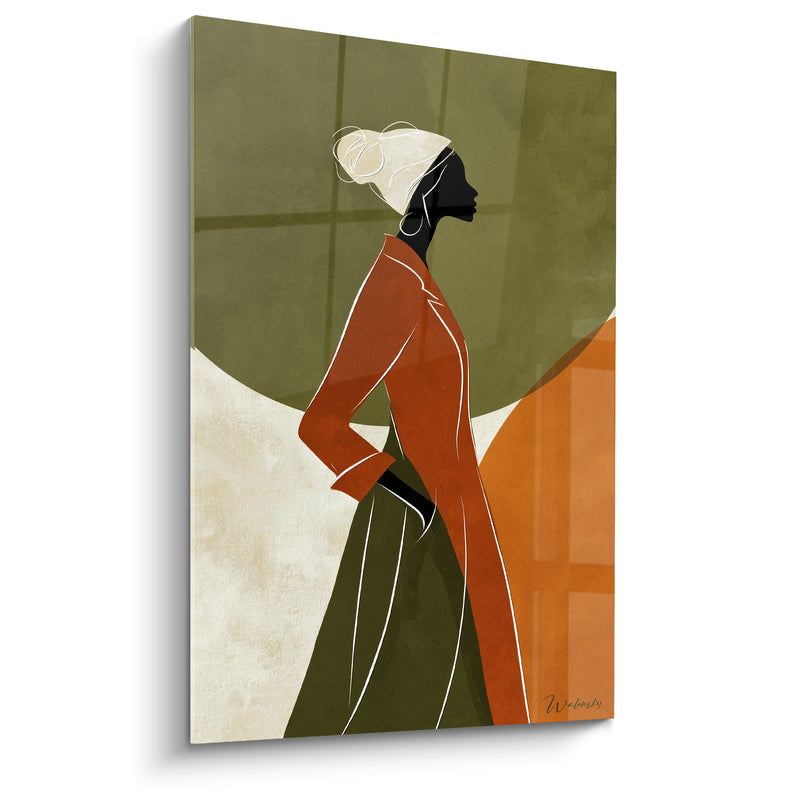 Tableau Silhouette élégante en manteau terracotta et vert olive - Démarche affirmée - Edition Illustration de mode