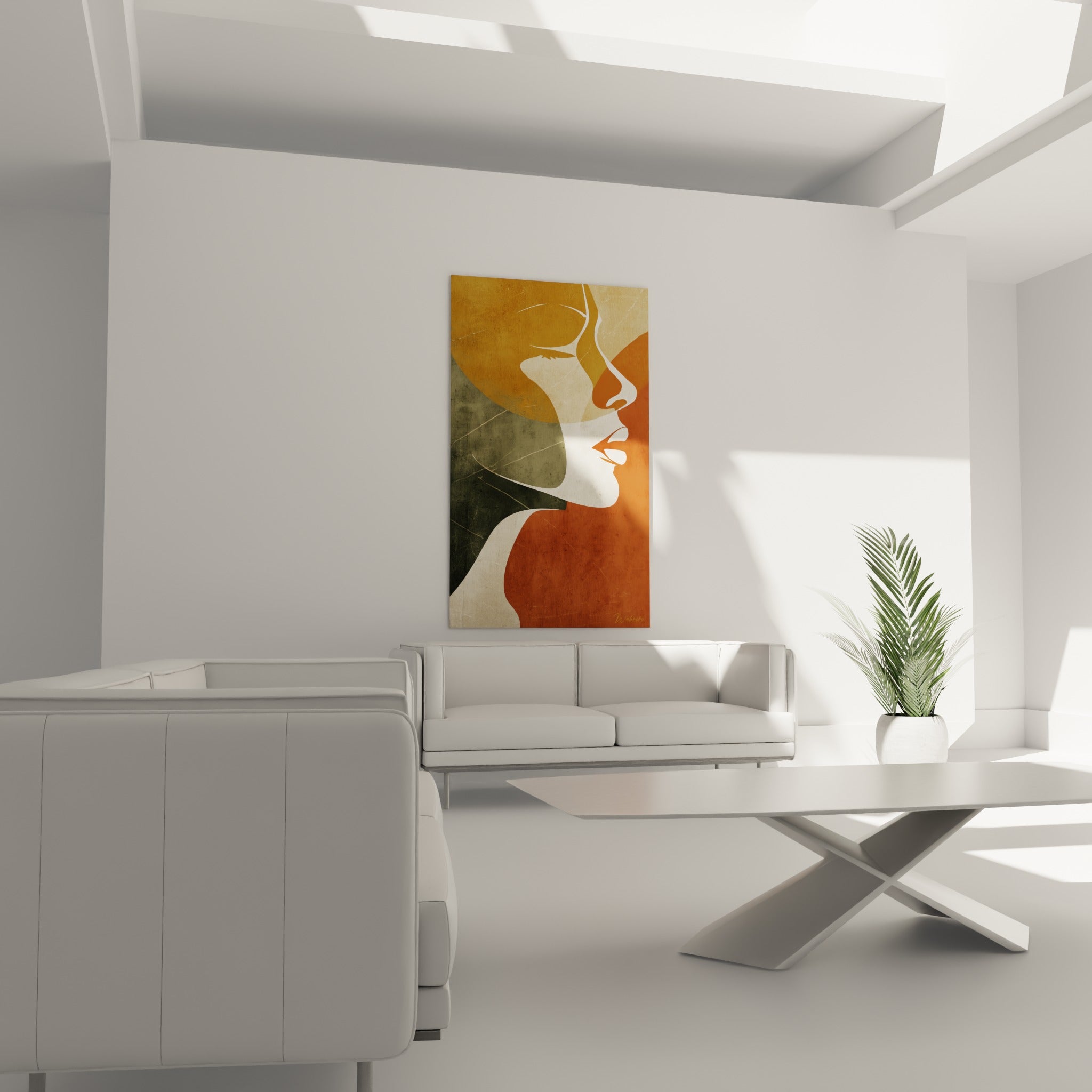 Silhouette féminine en trait blanc sur fond terracotta et anthracite, au-dessus d'un canapé dans un salon lumineux