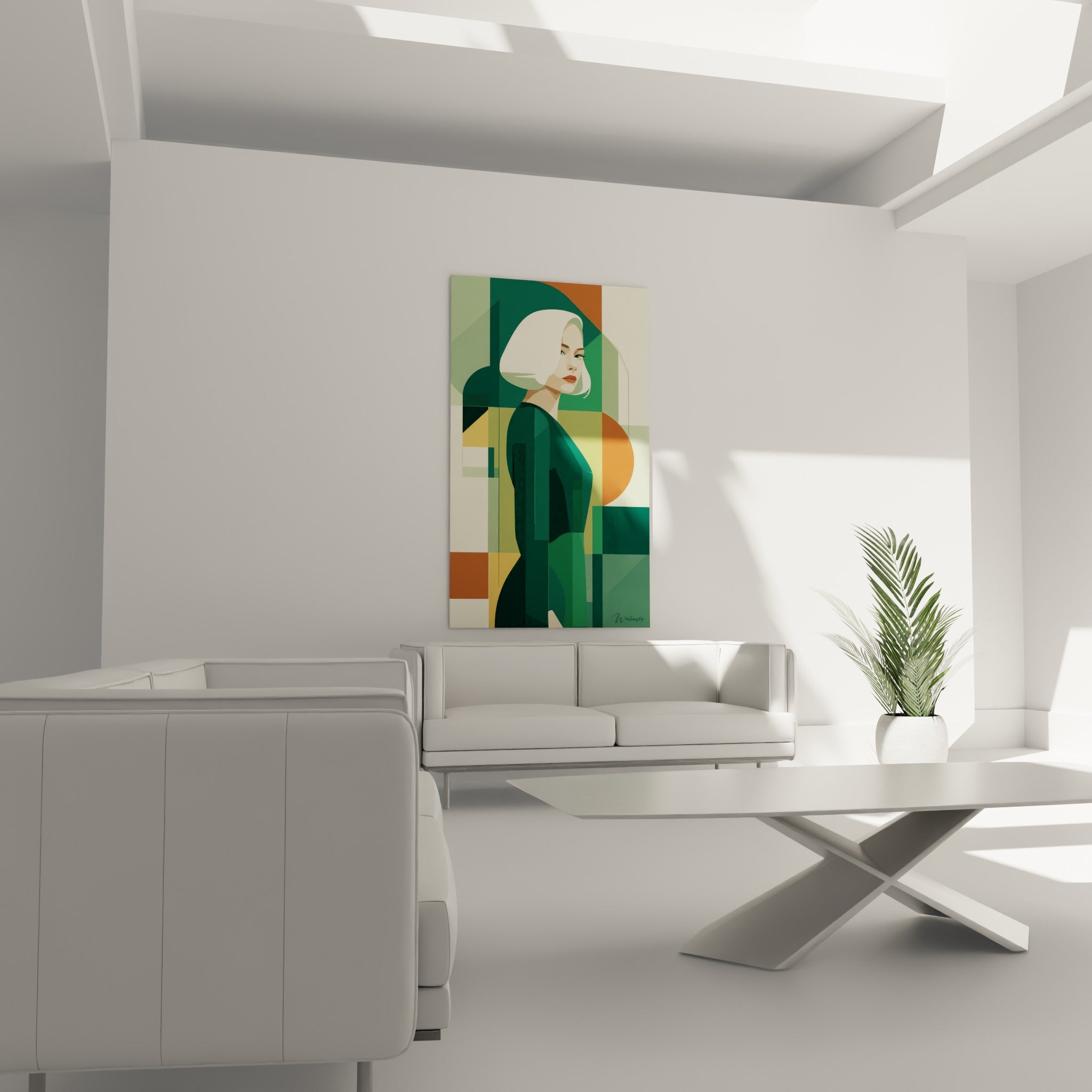 Femme au profil vert émeraude et jaune moutarde, illustration de mode au-dessus d'un canapé dans un salon lumineux