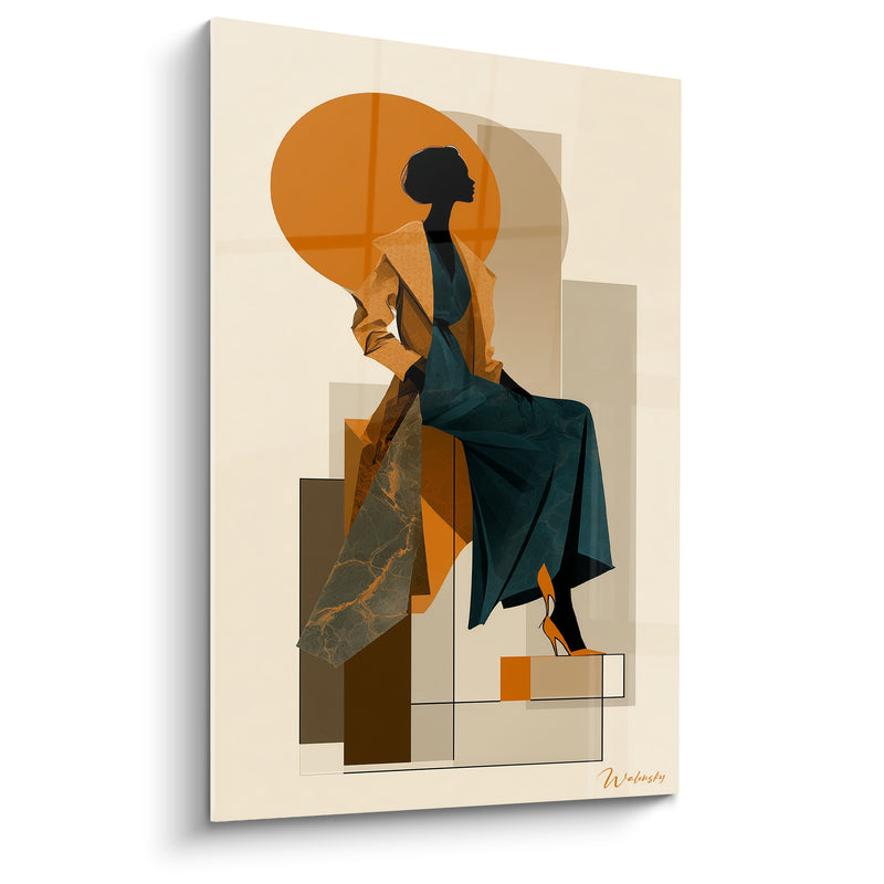Tableau Silhouette robe fourreau orange et bleu marine à talons dorés - Disque solaire géométrique - Edition Illustration de mode
