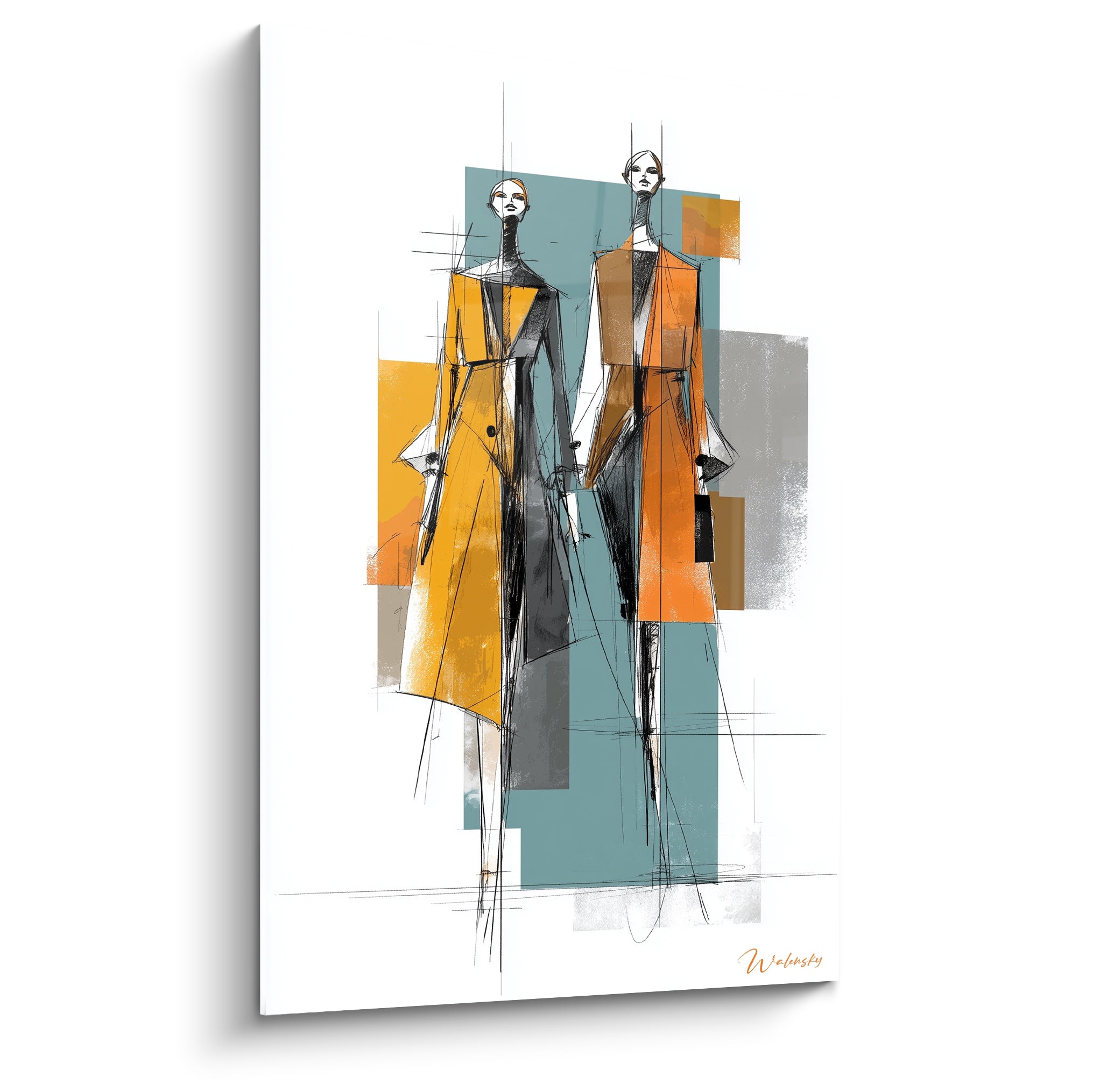 Silhouettes de mode esquissées en ocre et bleu canard sur fond géométrique blanc et gris