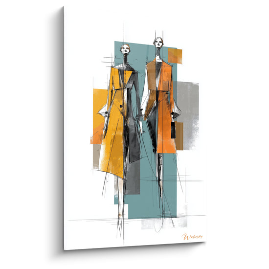Tableau Silhouettes de mode ocre et bleu canard - Élan du podium - Edition Illustration de mode