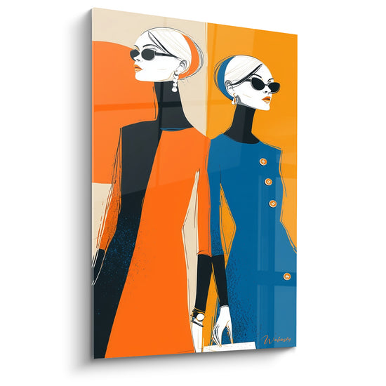 Tableau Silhouettes élégantes en orange et bleu - Duo sophistiqué - Edition Illustration de mode