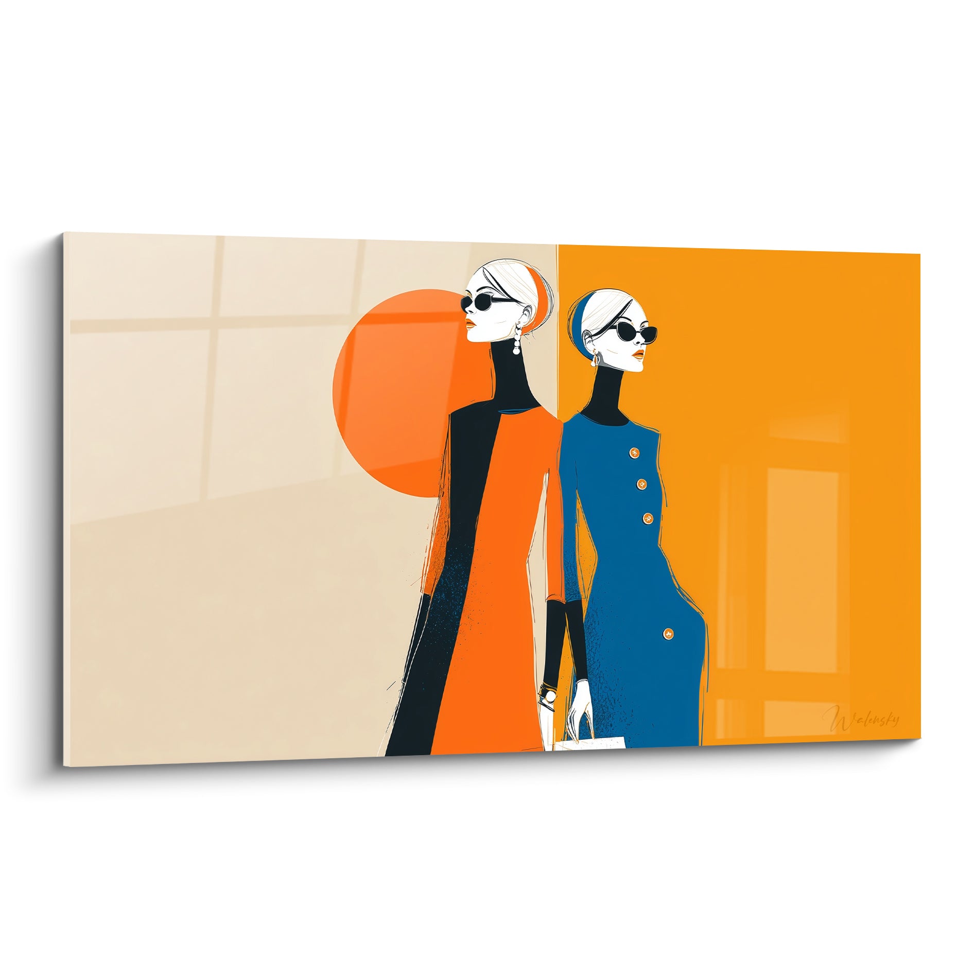 Silhouettes en robes orange et bleu marine, lunettes noires, cercle solaire graphique