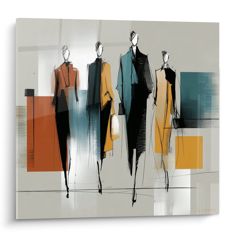 Tableau Silhouettes croquées orange et turquoise avec sacs à main - Groupe en marche - Edition Illustration de mode