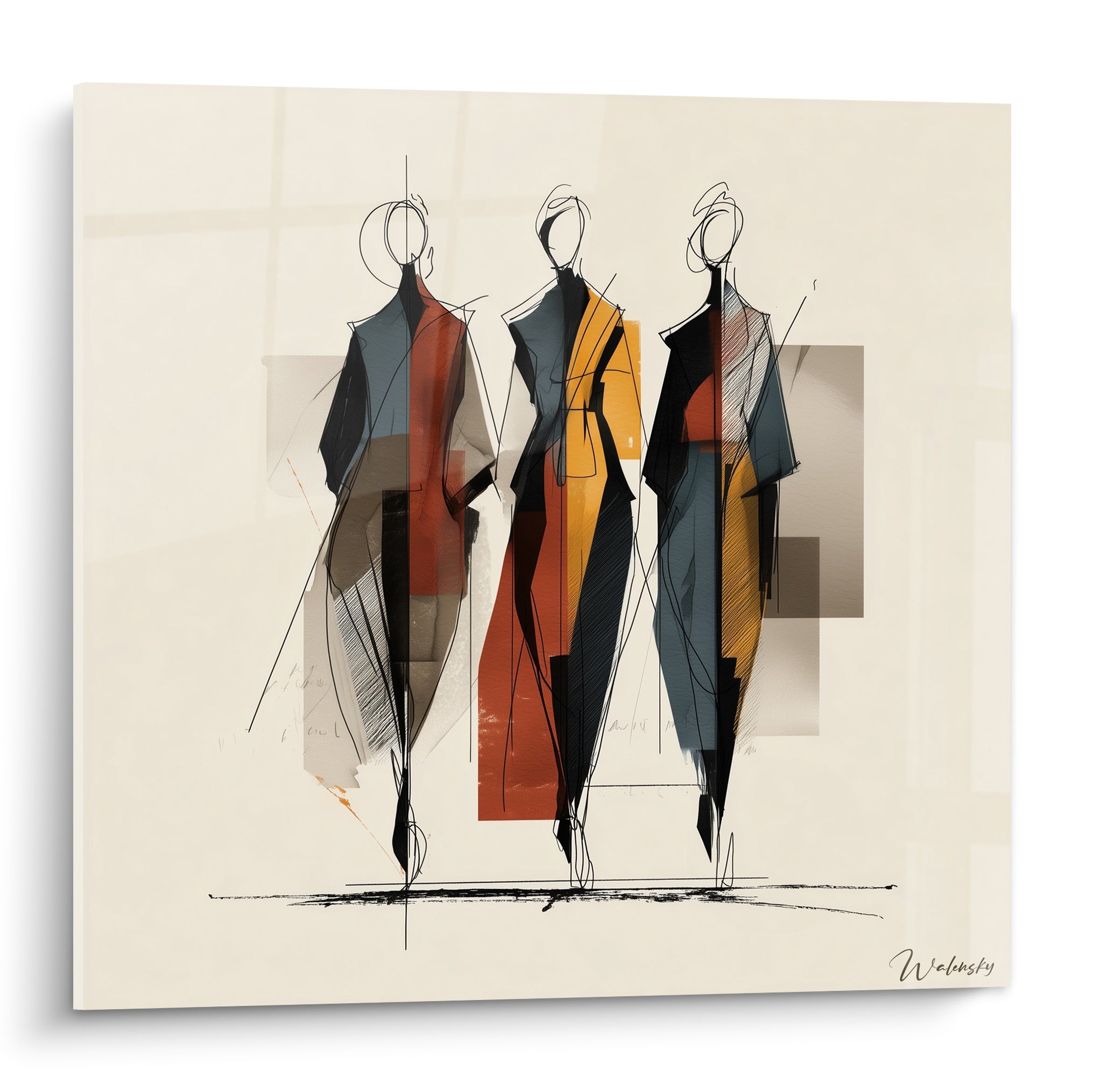 Trois silhouettes esquissées en terracotta, ocre et bleu ardoise sur fond ivoire graphique