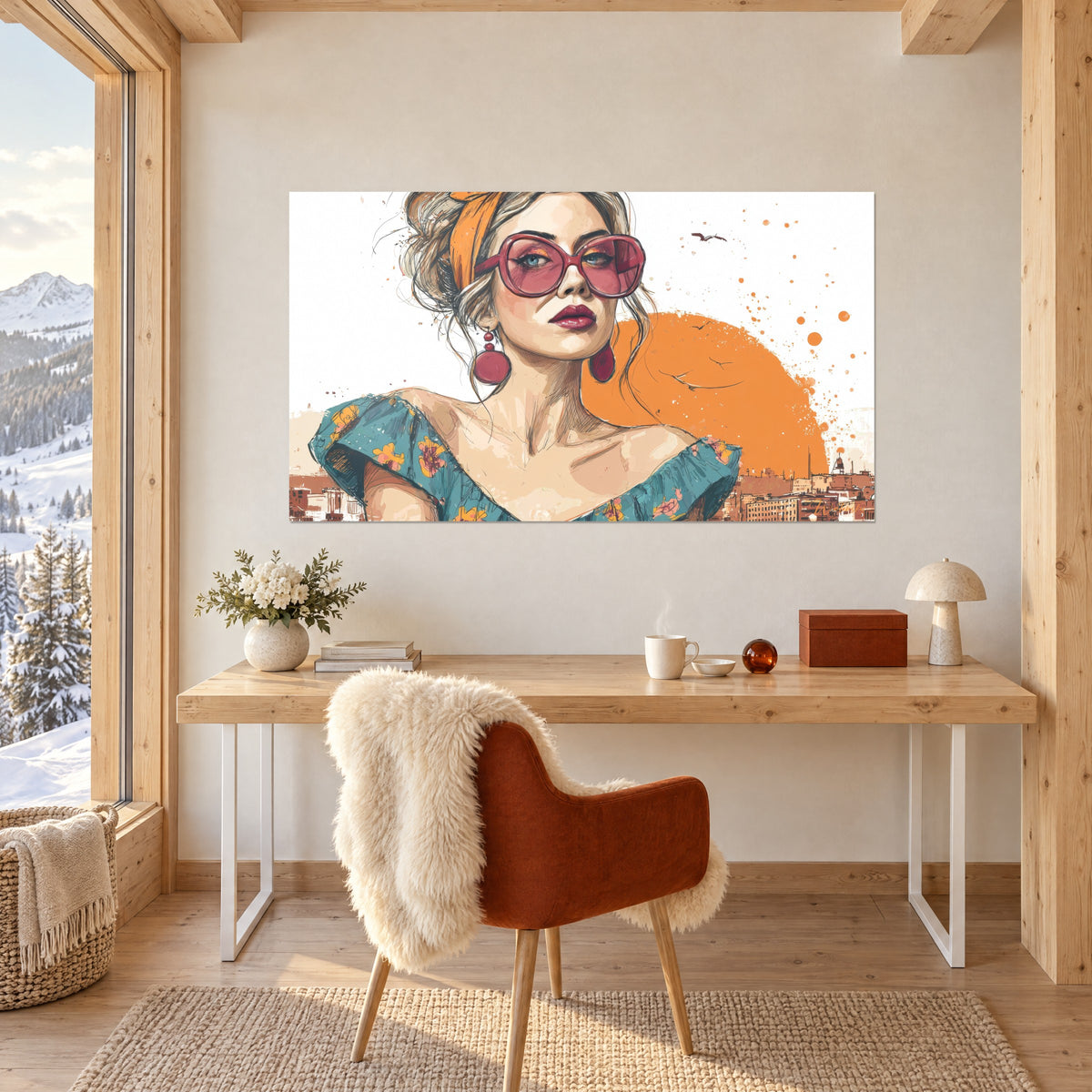 Cuadro boceto de mujer chic, gafas teñidas de rosa, salpicaduras naranjas sobre fondo blanco, pared de oficina junto a una ventana alpina