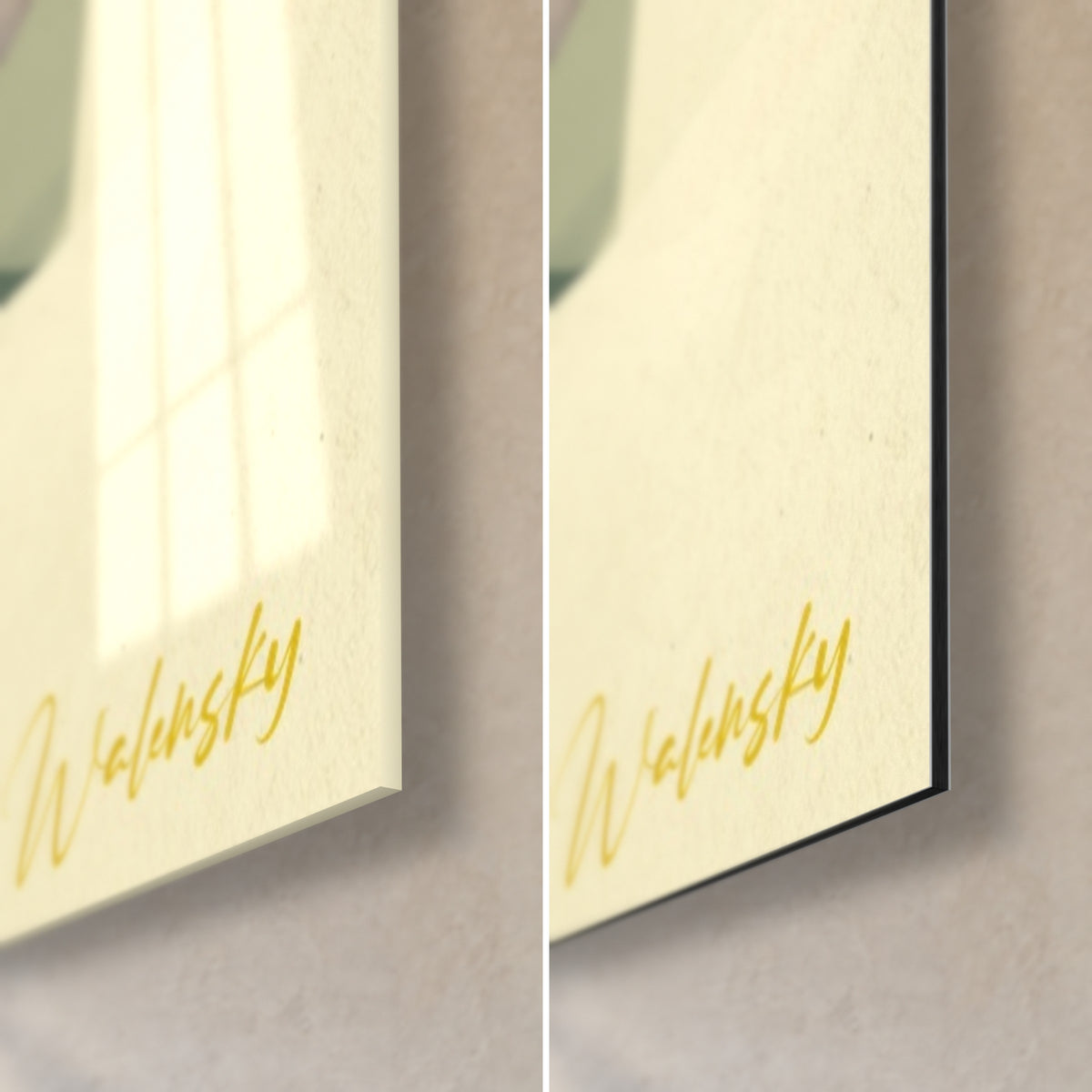 Gemälde elegante Frau mit braunem Quadrat, goldene Walensky-Signatur unten rechts: glänzendes Acrylglas links, mattschwarzes Dibond rechts