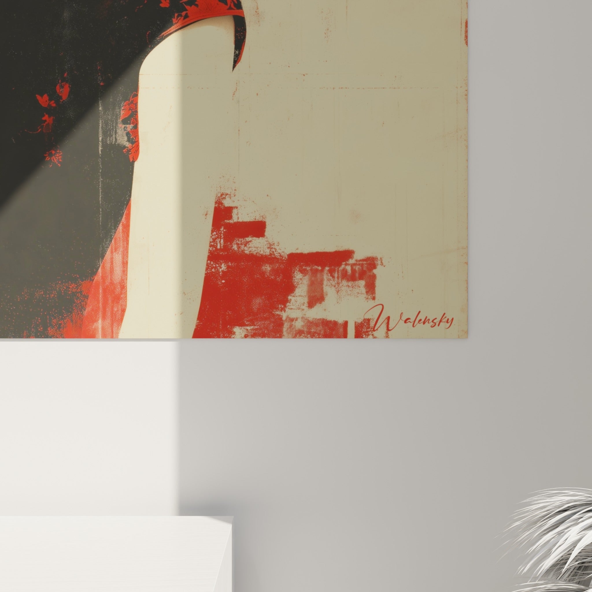 Grain pictural visible entre le rouge écarlate et le beige patiné, coulures et empâtements sur la robe noire