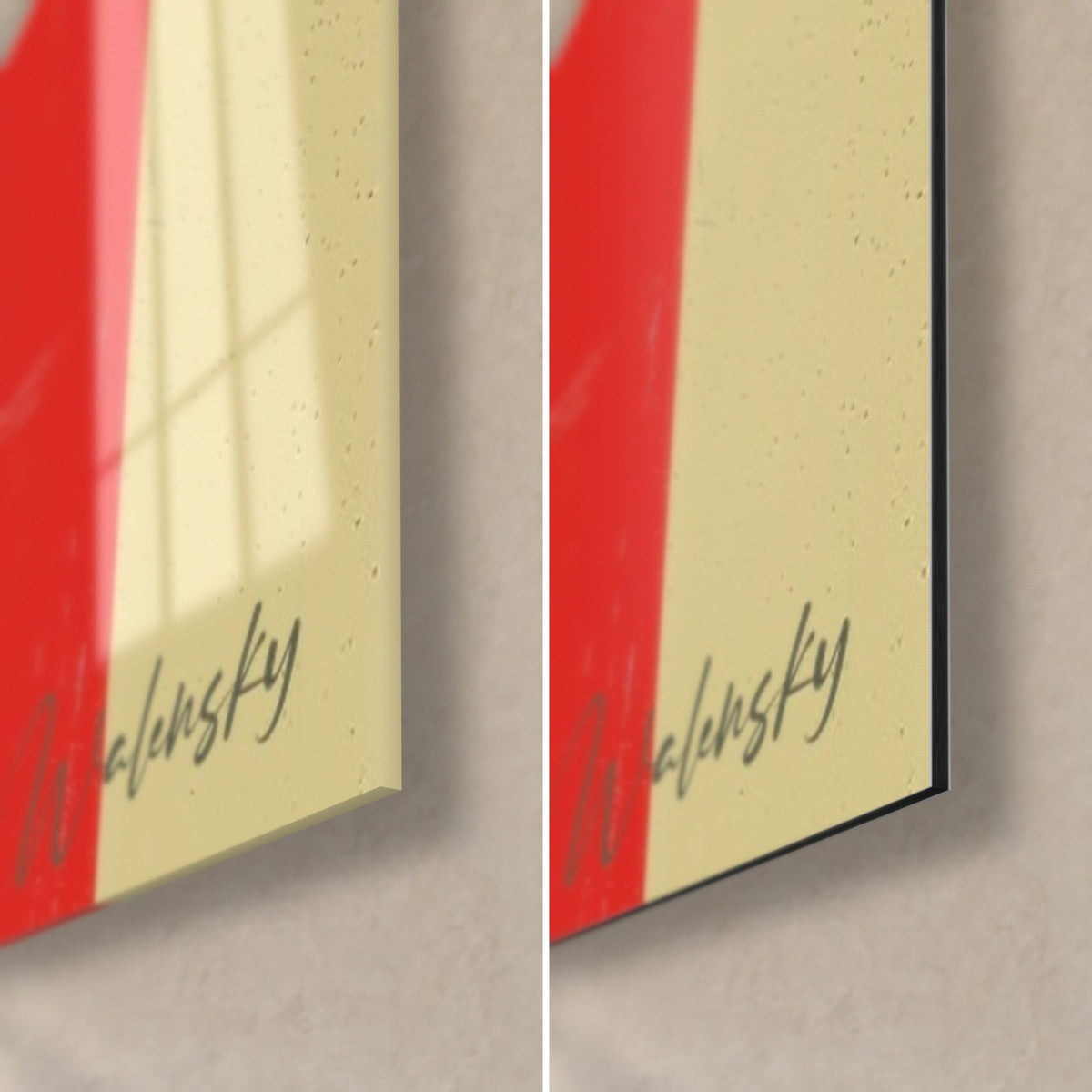 Tableau visage de femme en affiche rouge et noir, coin bas droit : verre brillant à gauche, Dibond mat noir à droite, tranche de 3 mm