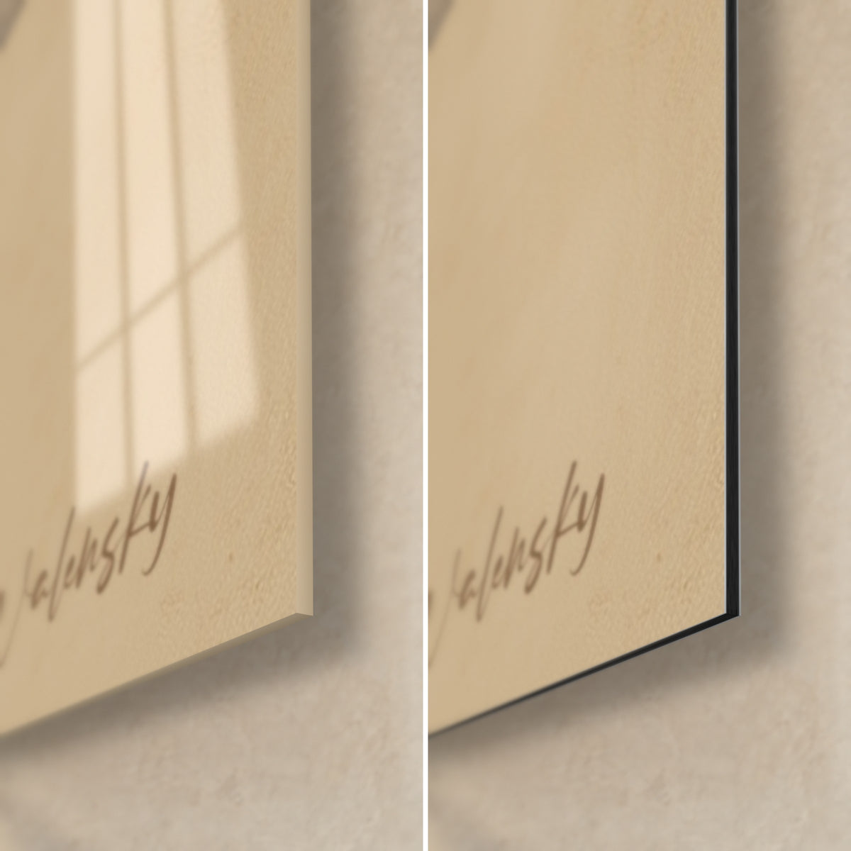 Wall art black ink silhouette, bottom right corner: brown Walensky signature on beige, glossy acrylic glass and matte Dibond