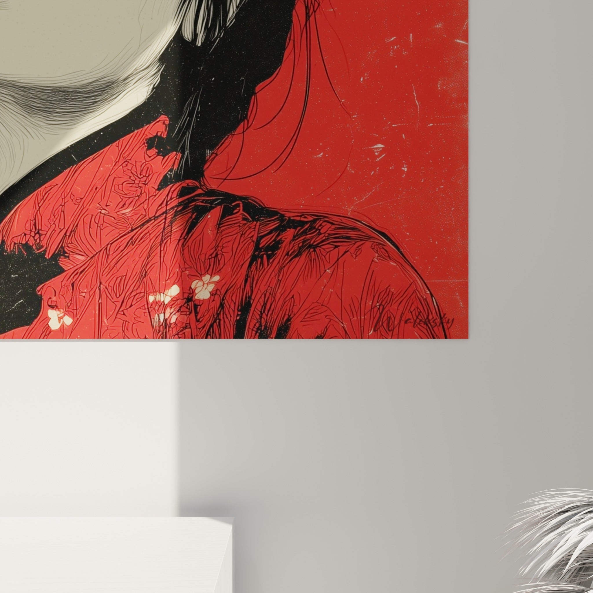 Trait noir encre et grain rouge texturé se rencontrant près des cheveux dans un rendu graphique affiché