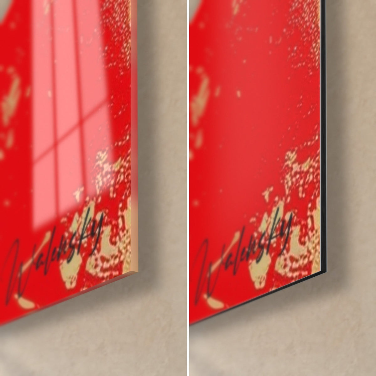 Wall art red and black portrait, bottom right corner: Walensky signature, glossy acrylic glass on the left, matte Dibond aluminium on the right, 3 mm edge
