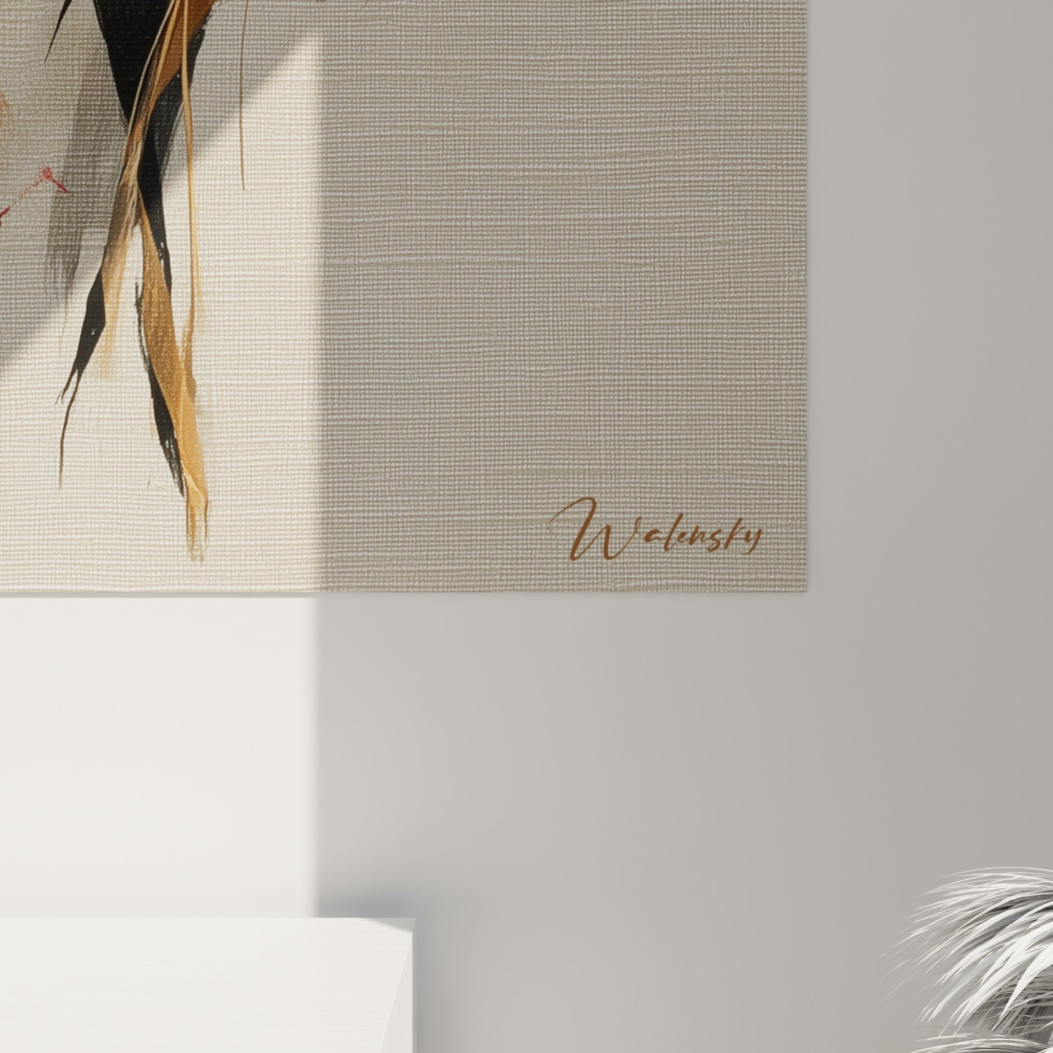 Empâtements dorés et coulures rouges se mêlant au noir profond sur la toile texturée de l'illustration